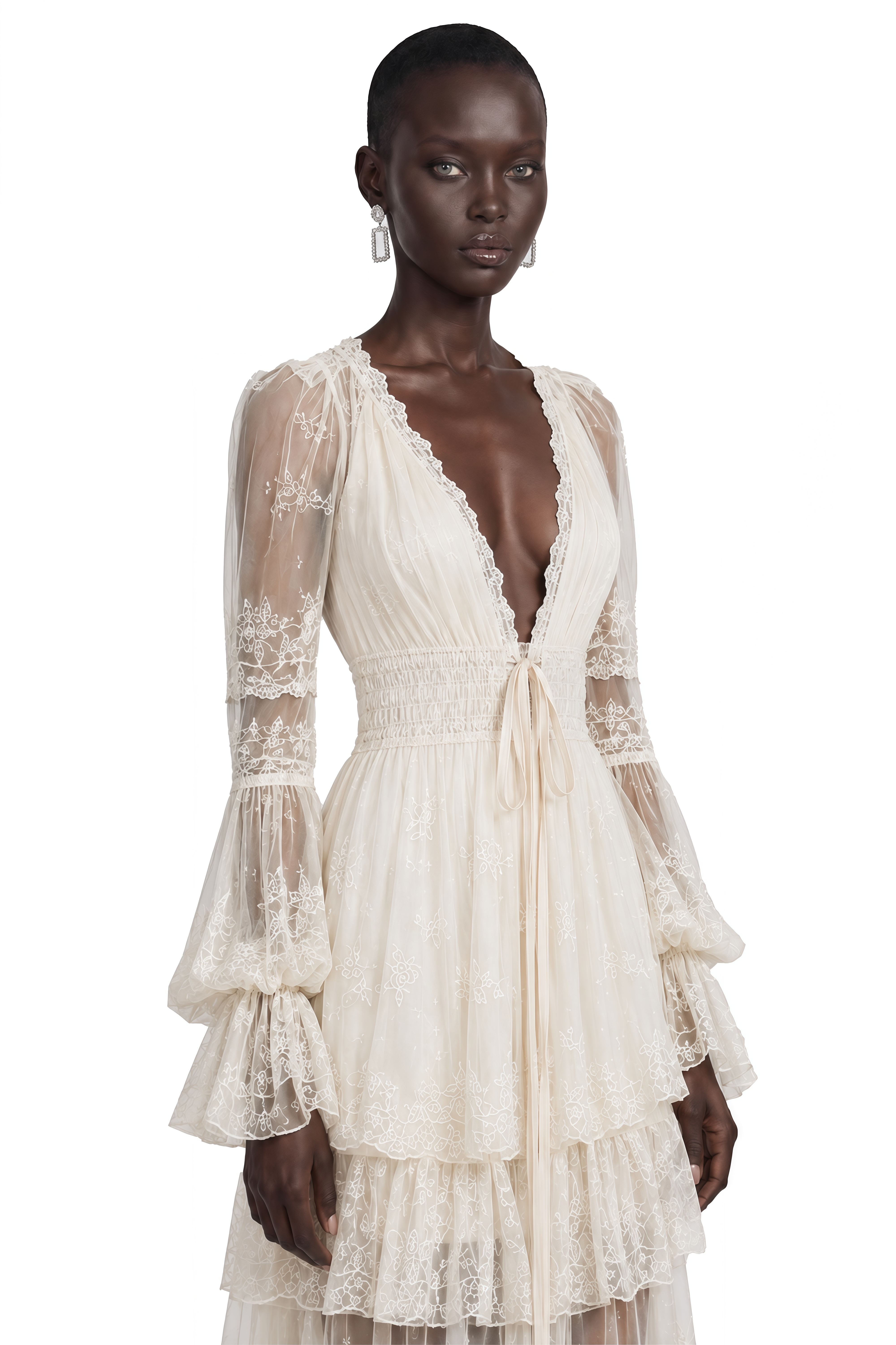 Ocean Cream Lace Ruffled Maxi Dress