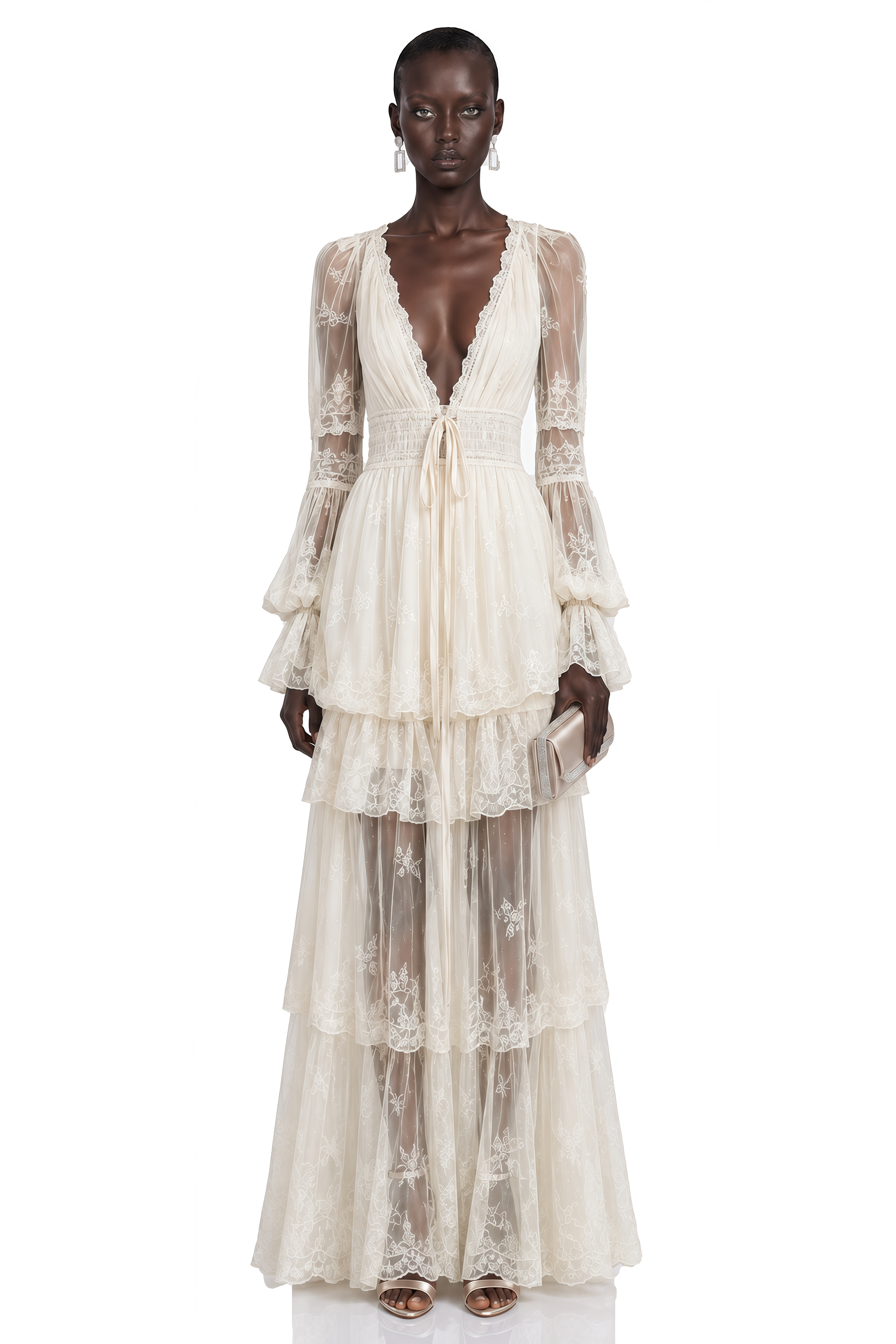 Ocean Cream Lace Ruffled Maxi Dress