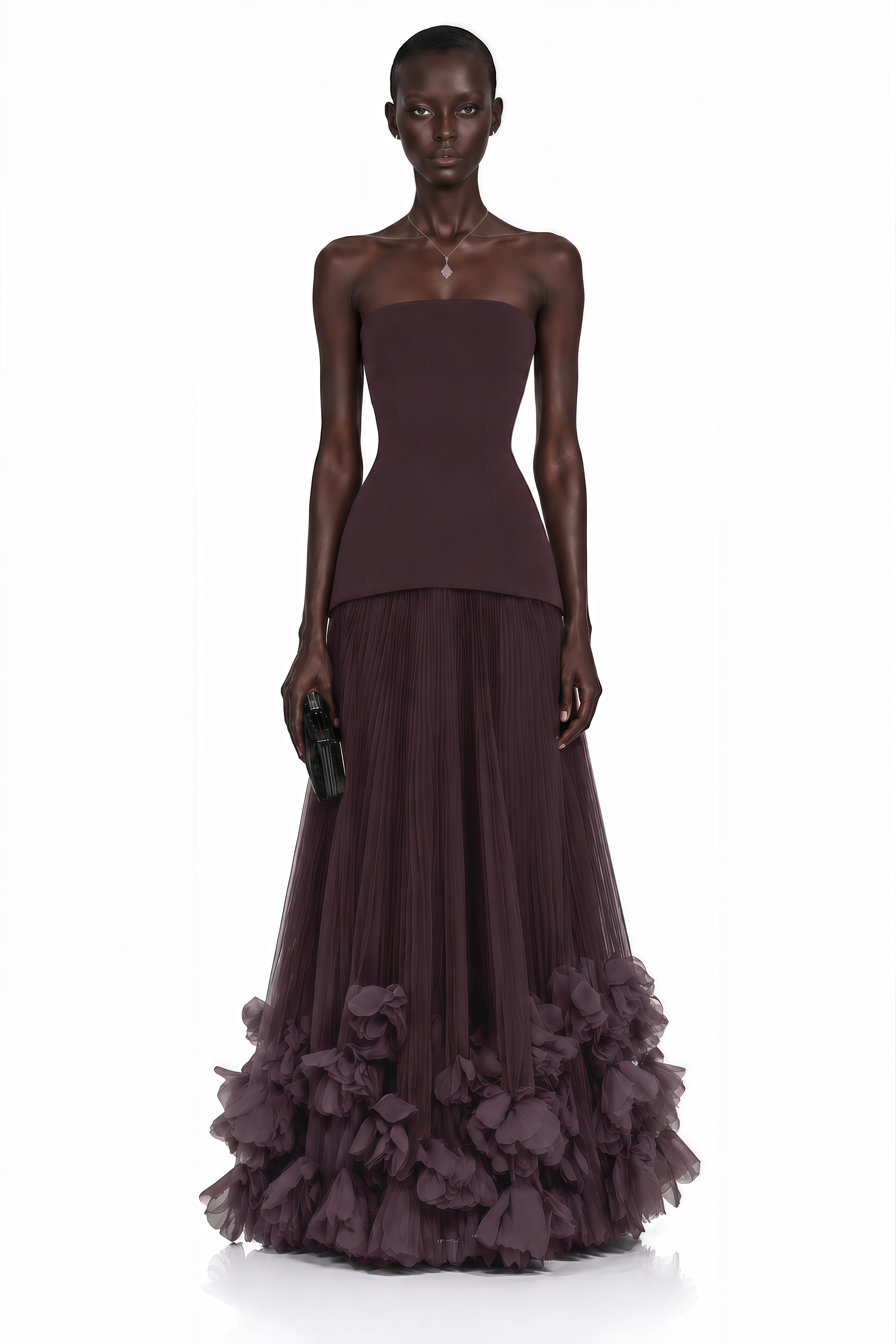 Océane Brown Off Shoulder Pleated Maxi Dress with 3D Florals