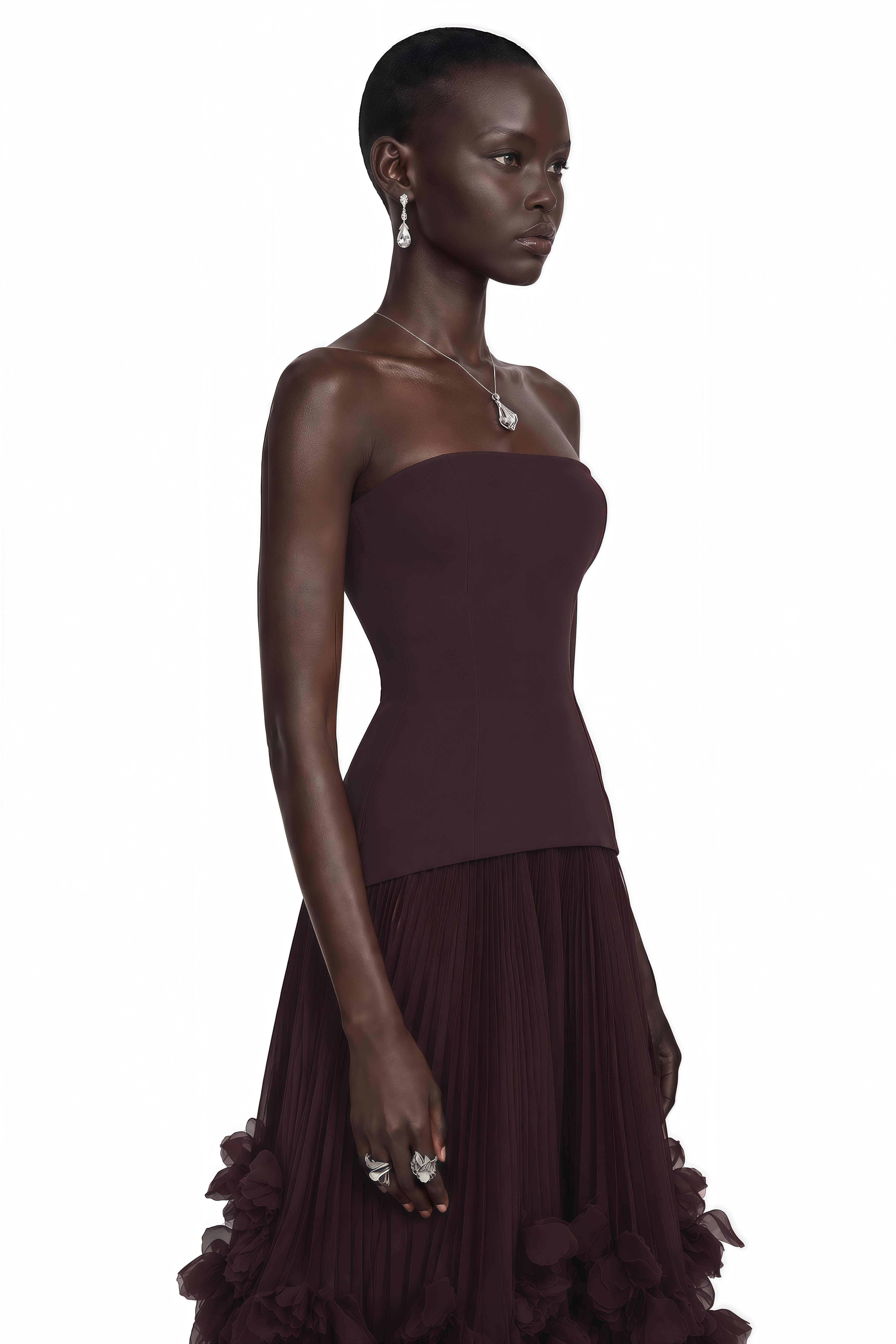Océane Brown Off Shoulder Pleated Maxi Dress with 3D Florals