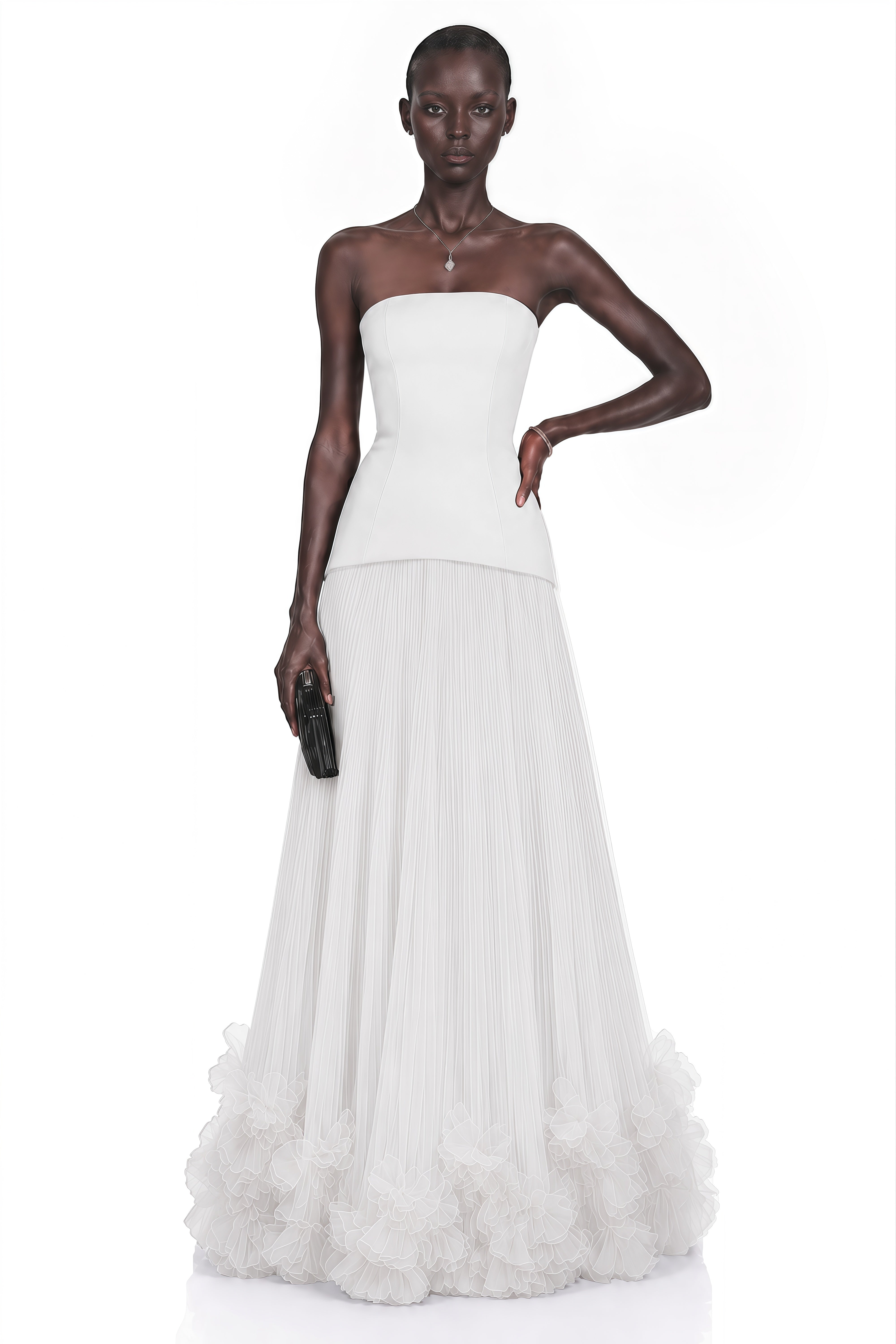 Océane White Off Shoulder Pleated Maxi Dress with 3D Florals