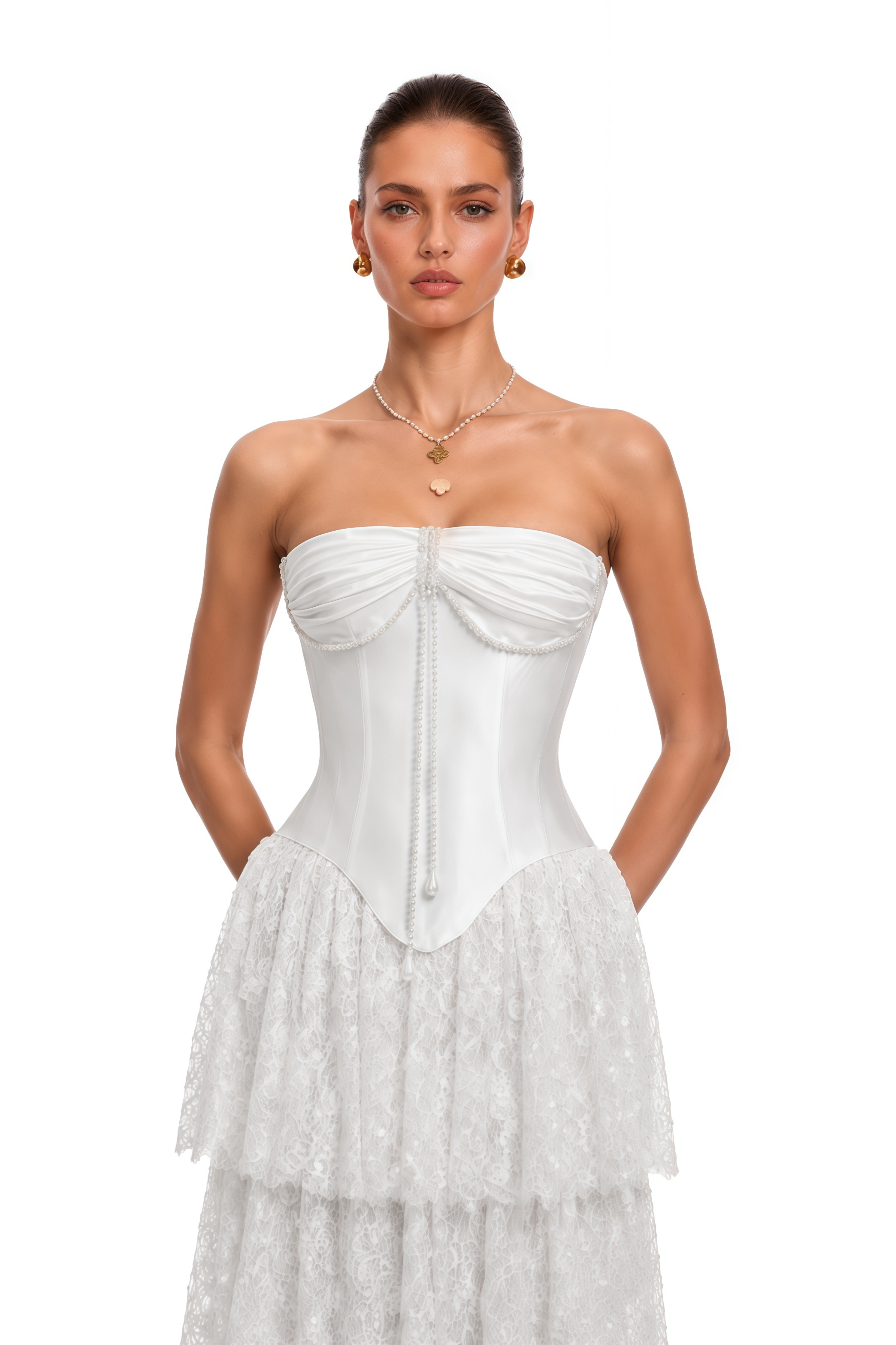 Octavia White Satin Corset Top & Tiered Lace Skirt Set