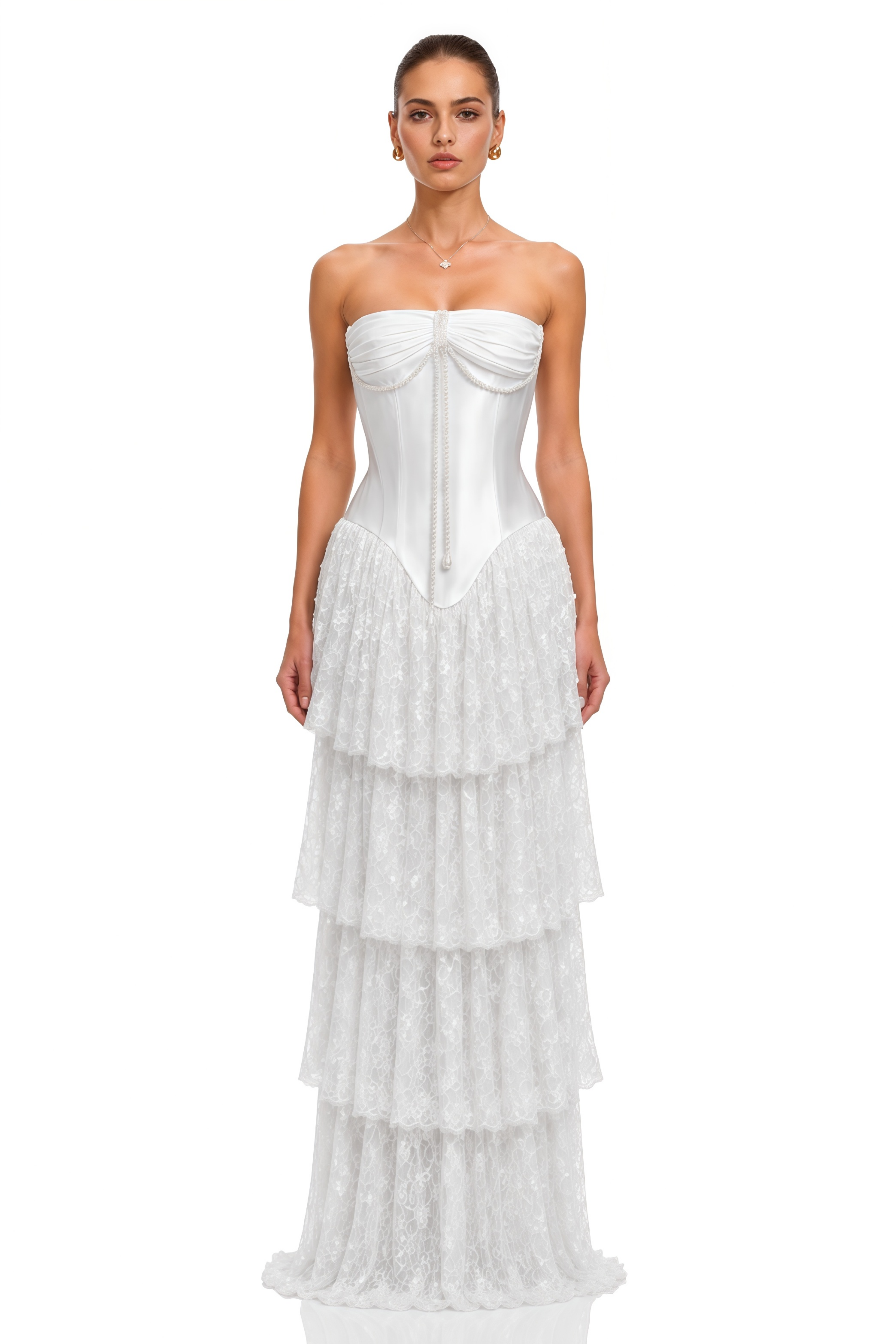 Octavia White Satin Corset Top & Tiered Lace Skirt Set
