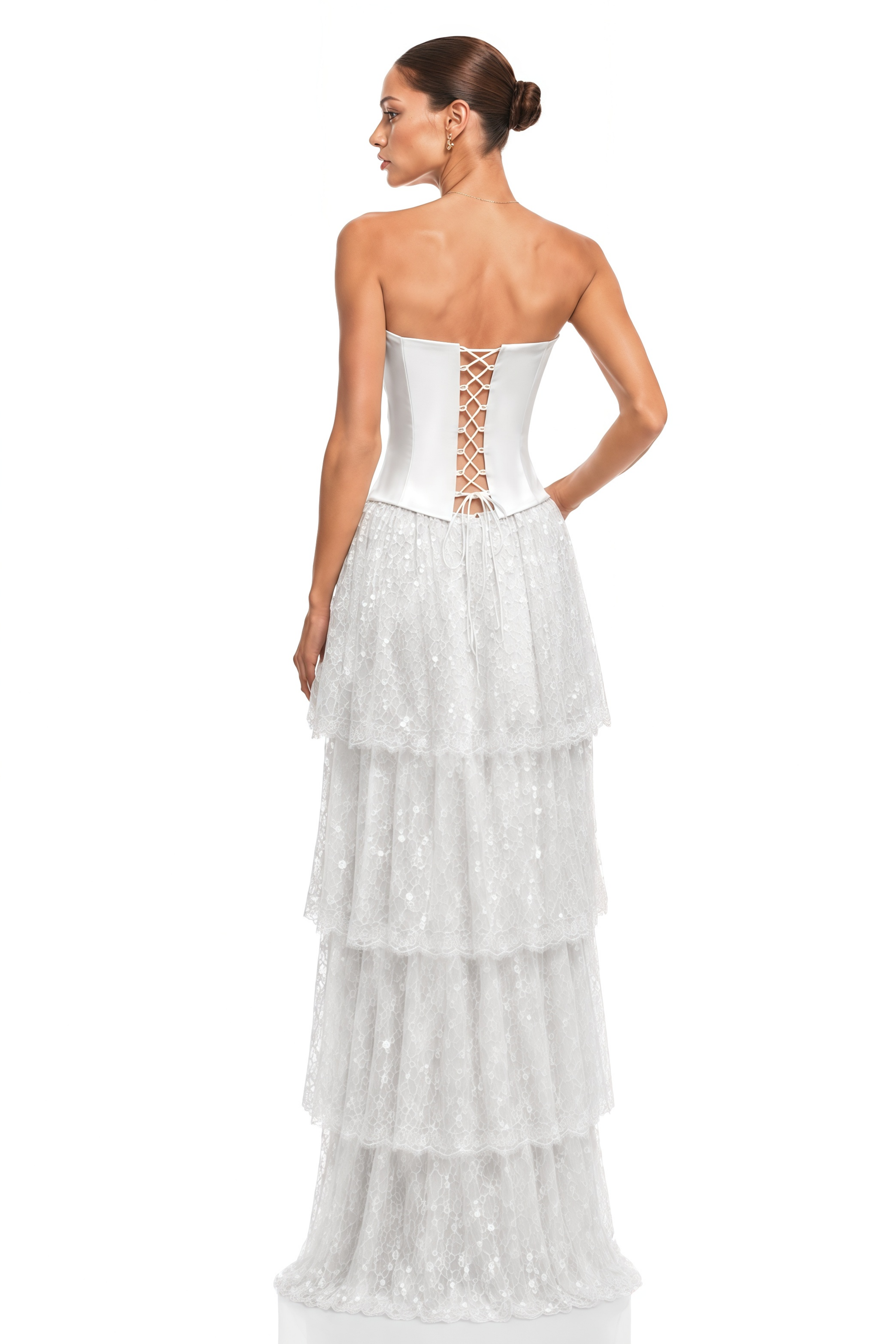 Octavia White Satin Corset Top & Tiered Lace Skirt Set