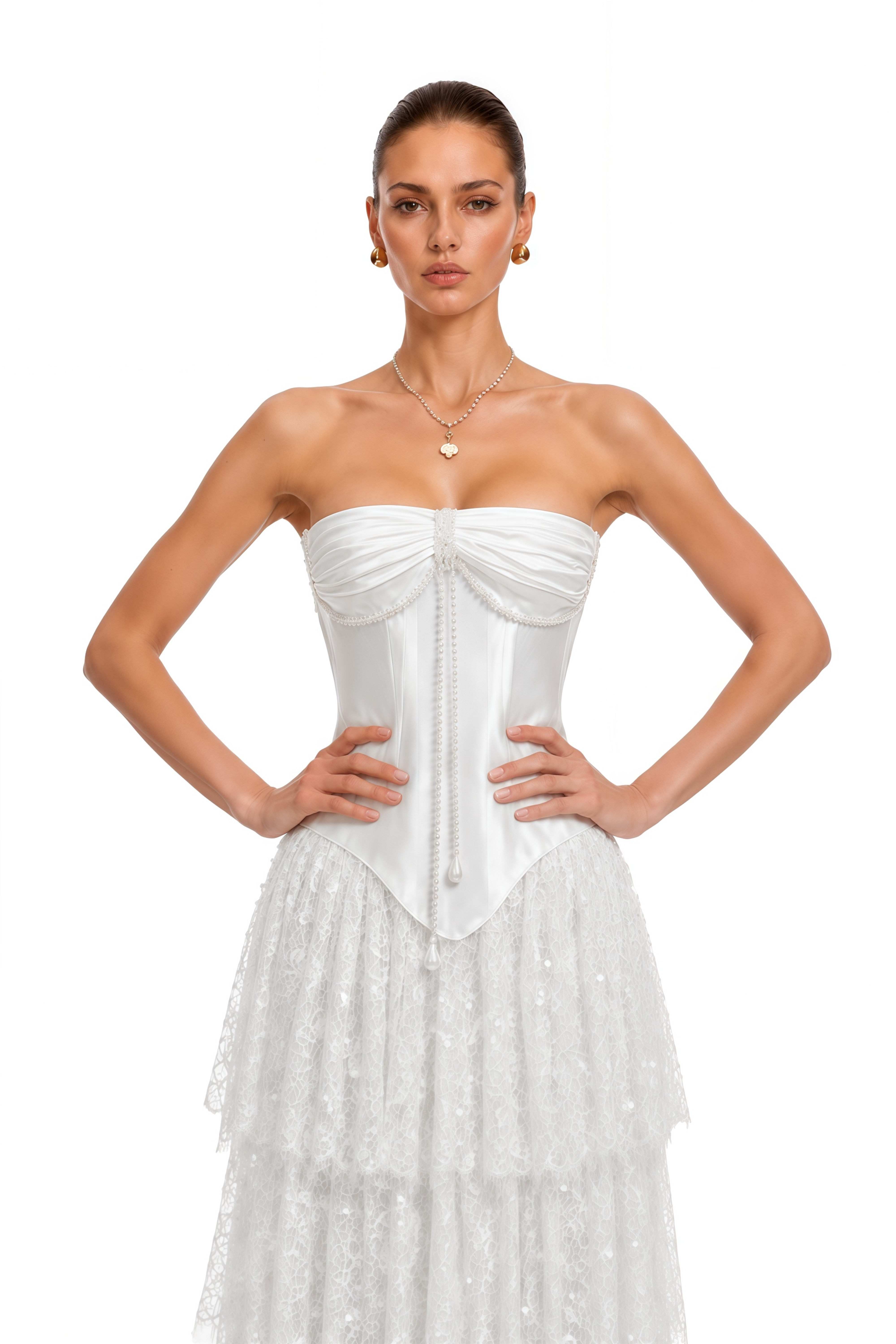Octavia White Satin Corset Top & Tiered Lace Skirt Set