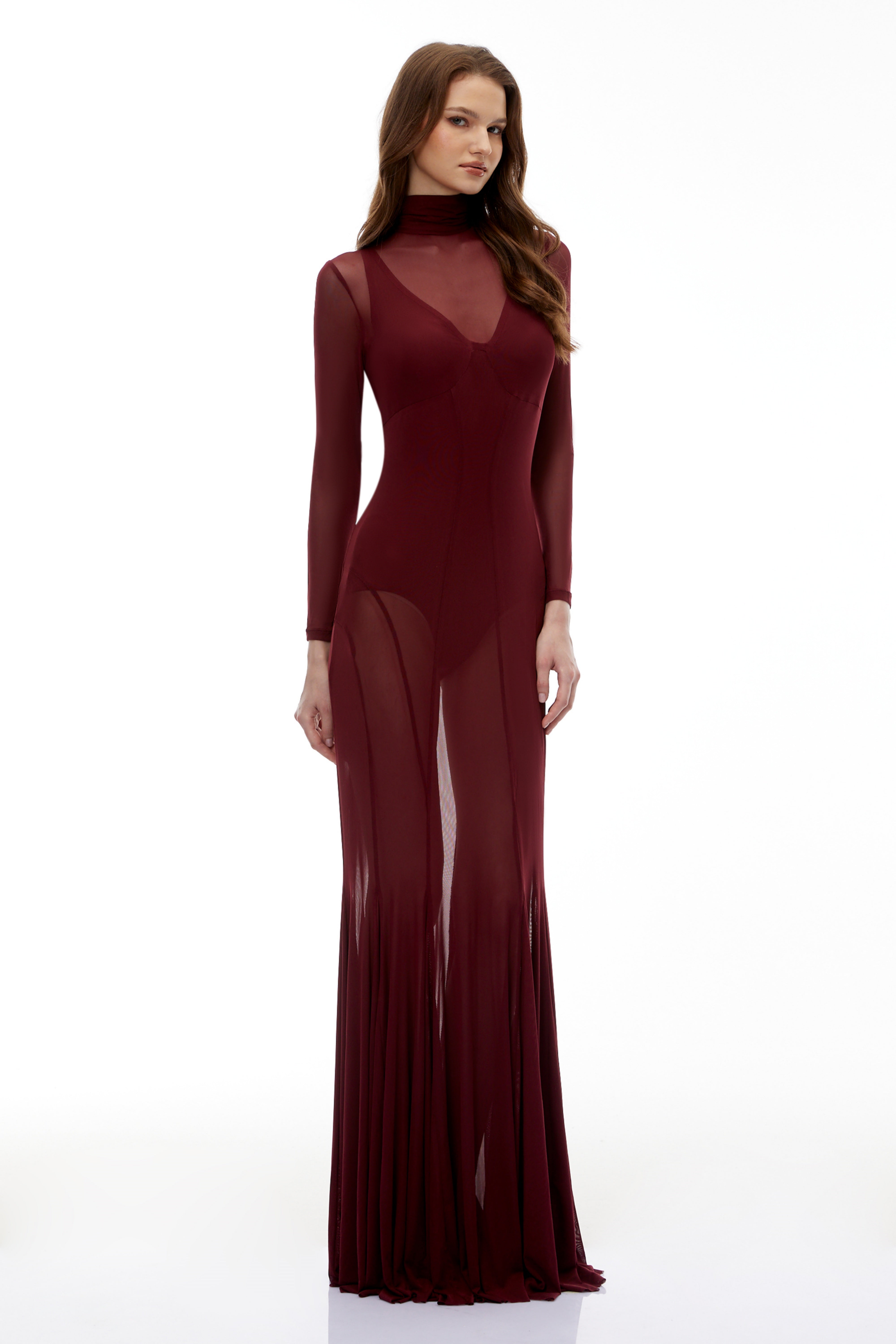 Ofra Burgunderrotes Set aus Bodysuit und Kleid aus Netzstoff