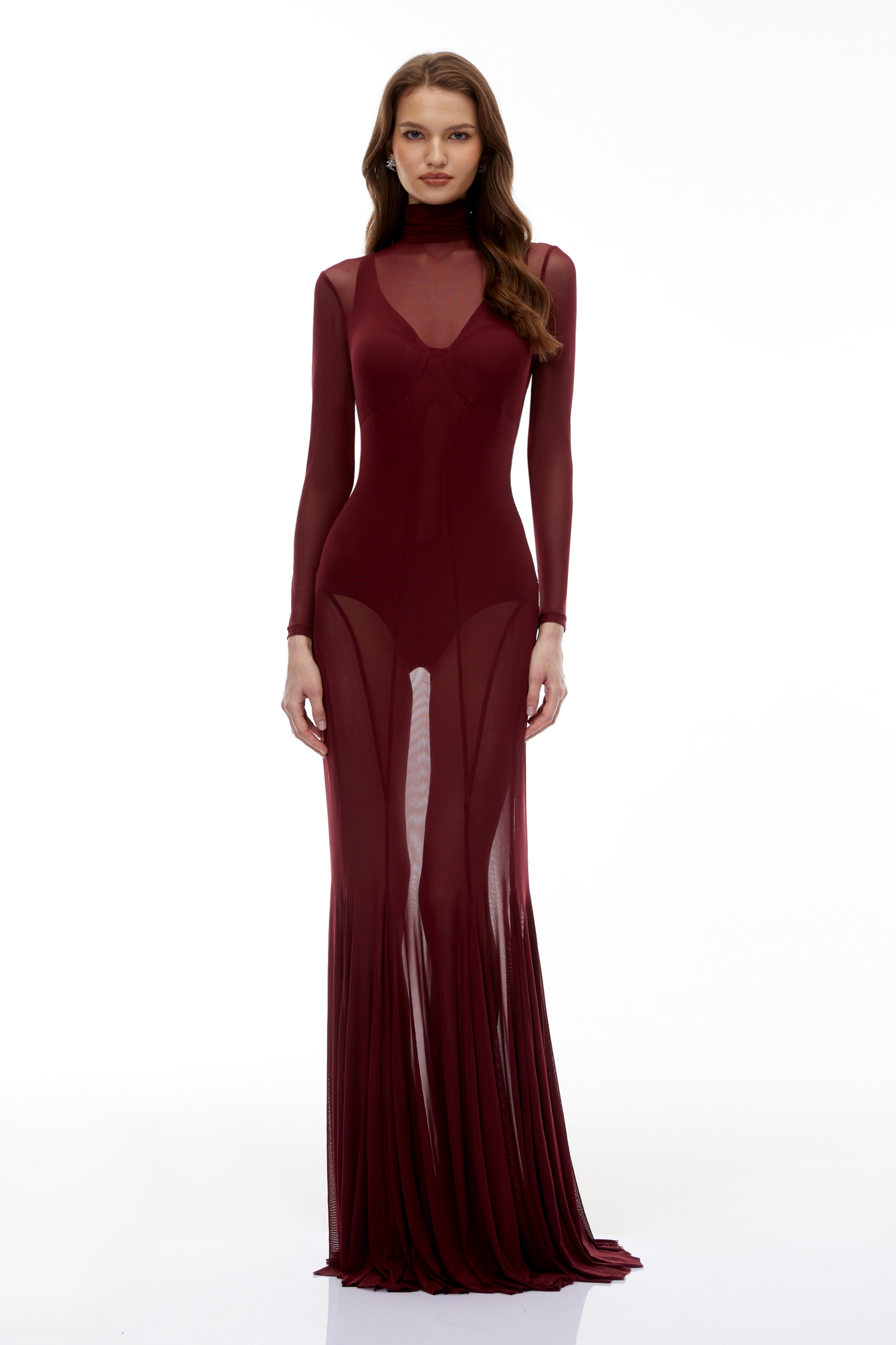 Ofra Burgunderrotes Set aus Bodysuit und Kleid aus Netzstoff