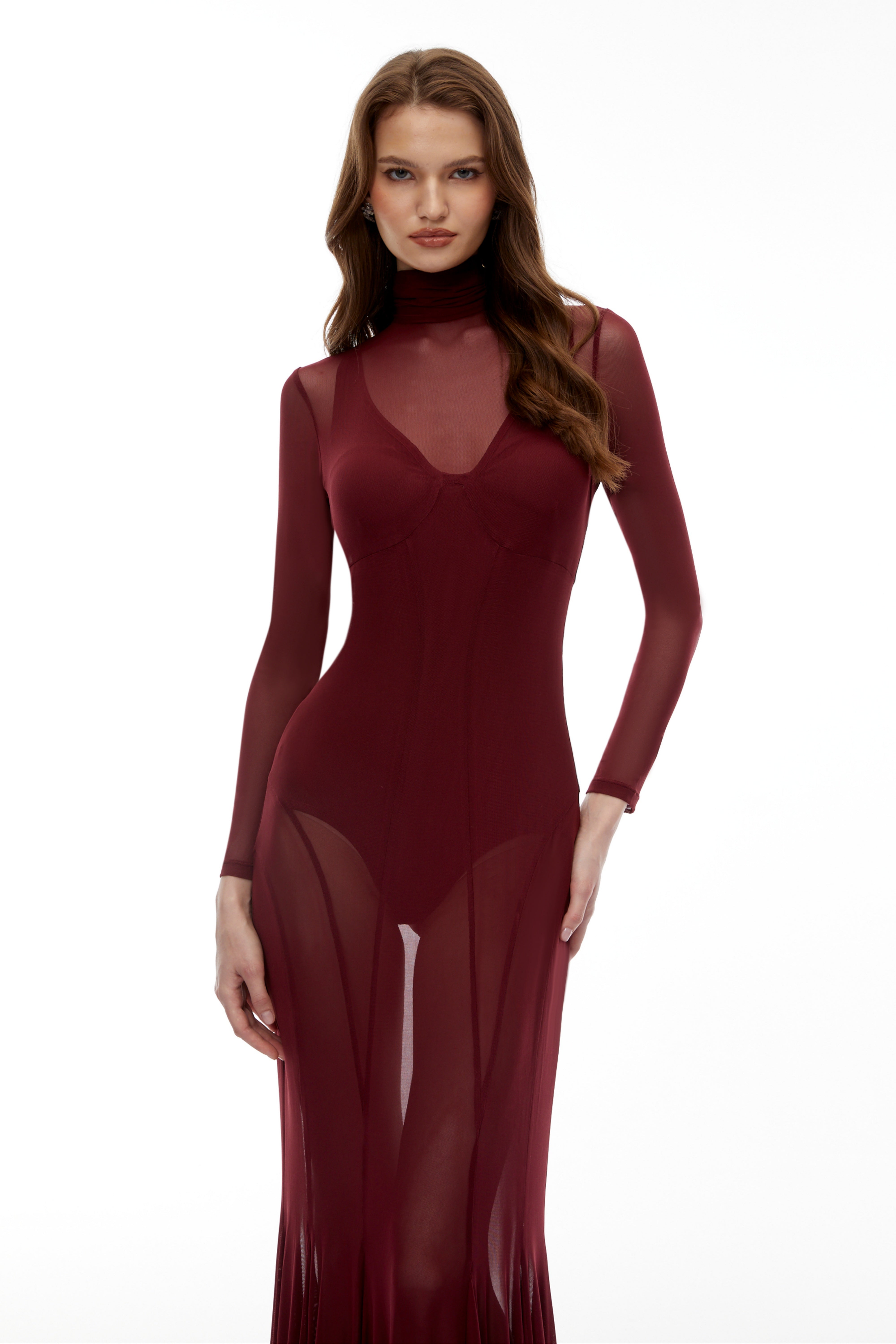 Ofra Burgunderrotes Set aus Bodysuit und Kleid aus Netzstoff