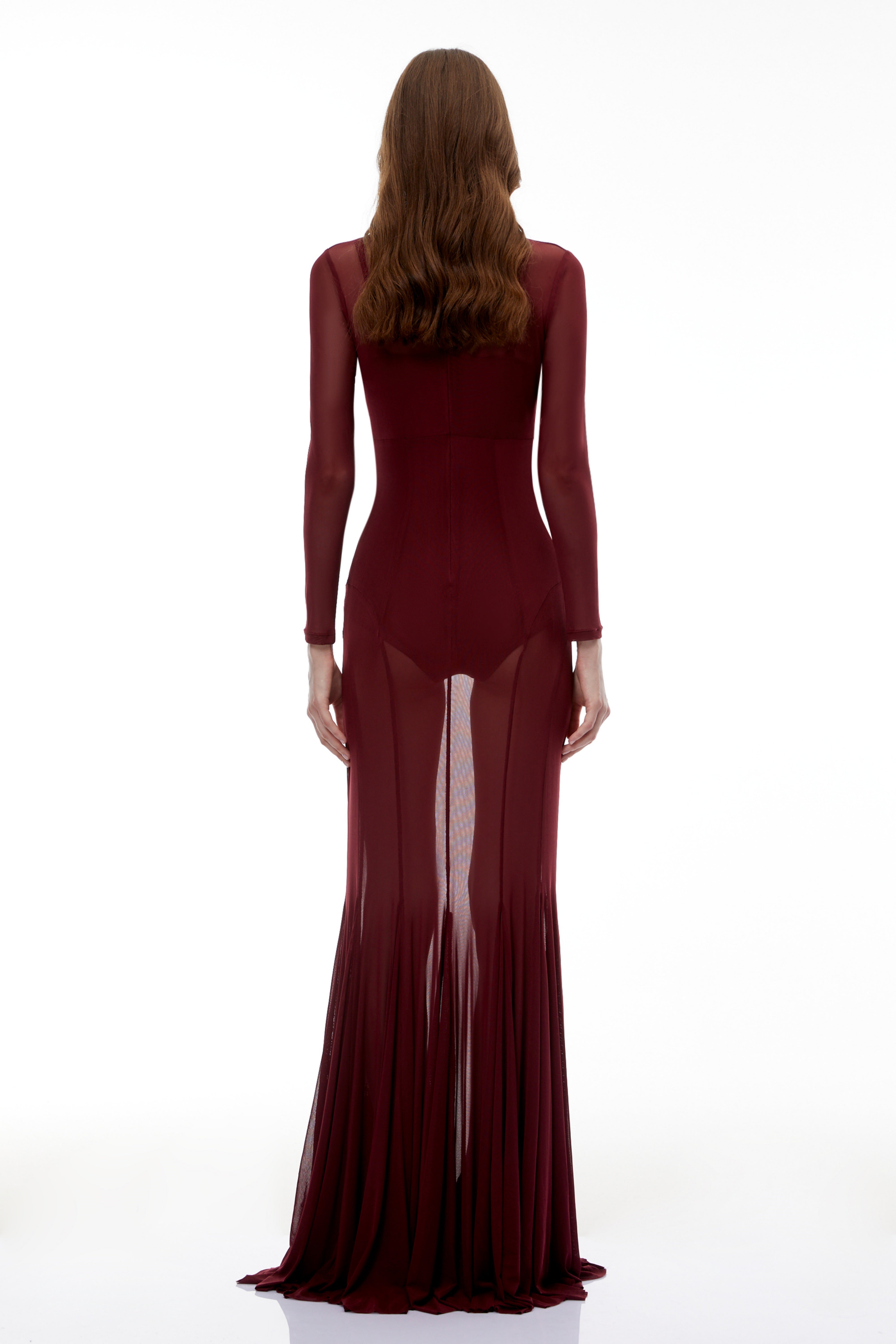 Ofra Burgunderrotes Set aus Bodysuit und Kleid aus Netzstoff