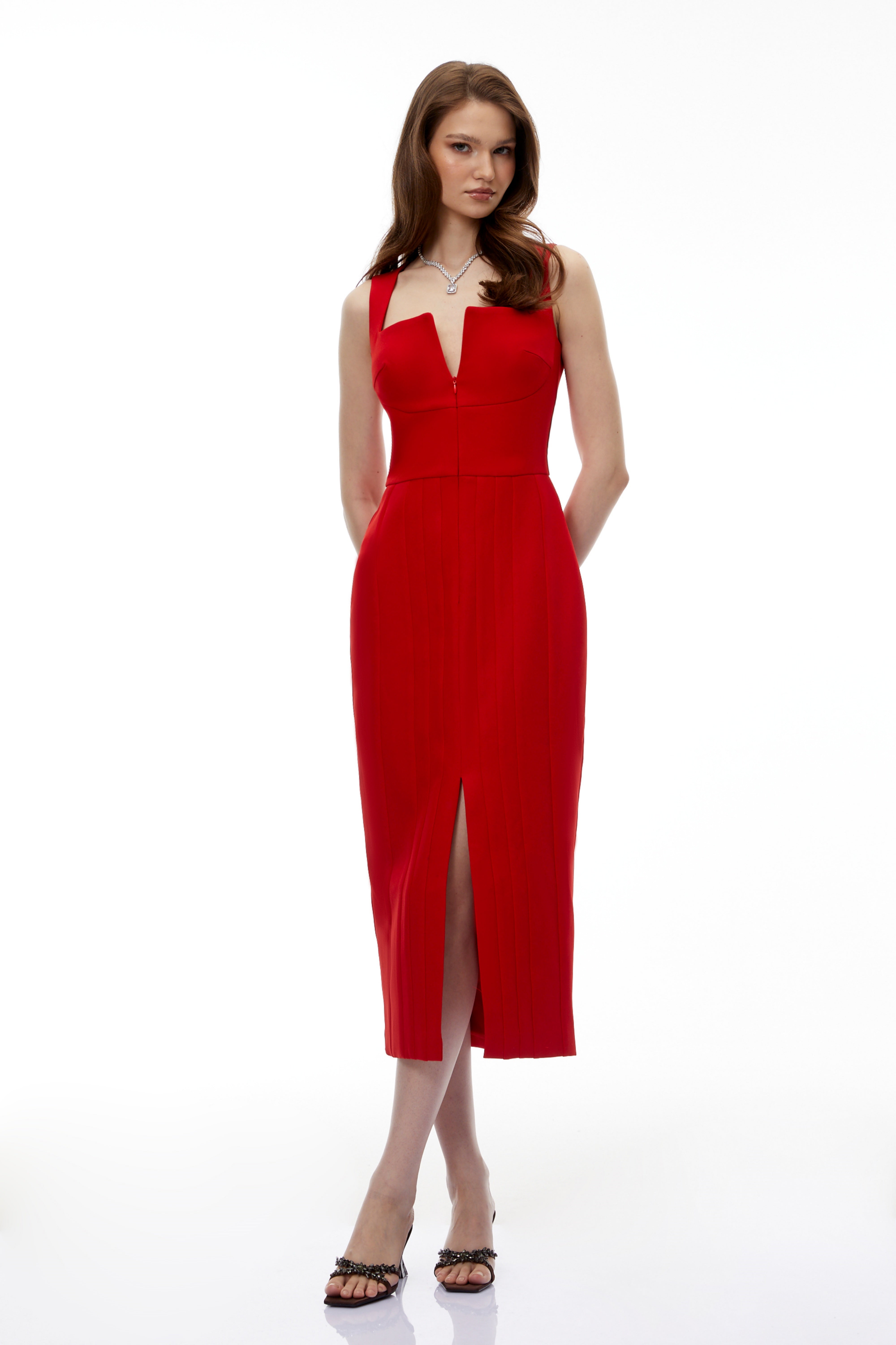 Olena – Midi-Kleid mit rotem Reißverschluss vorne