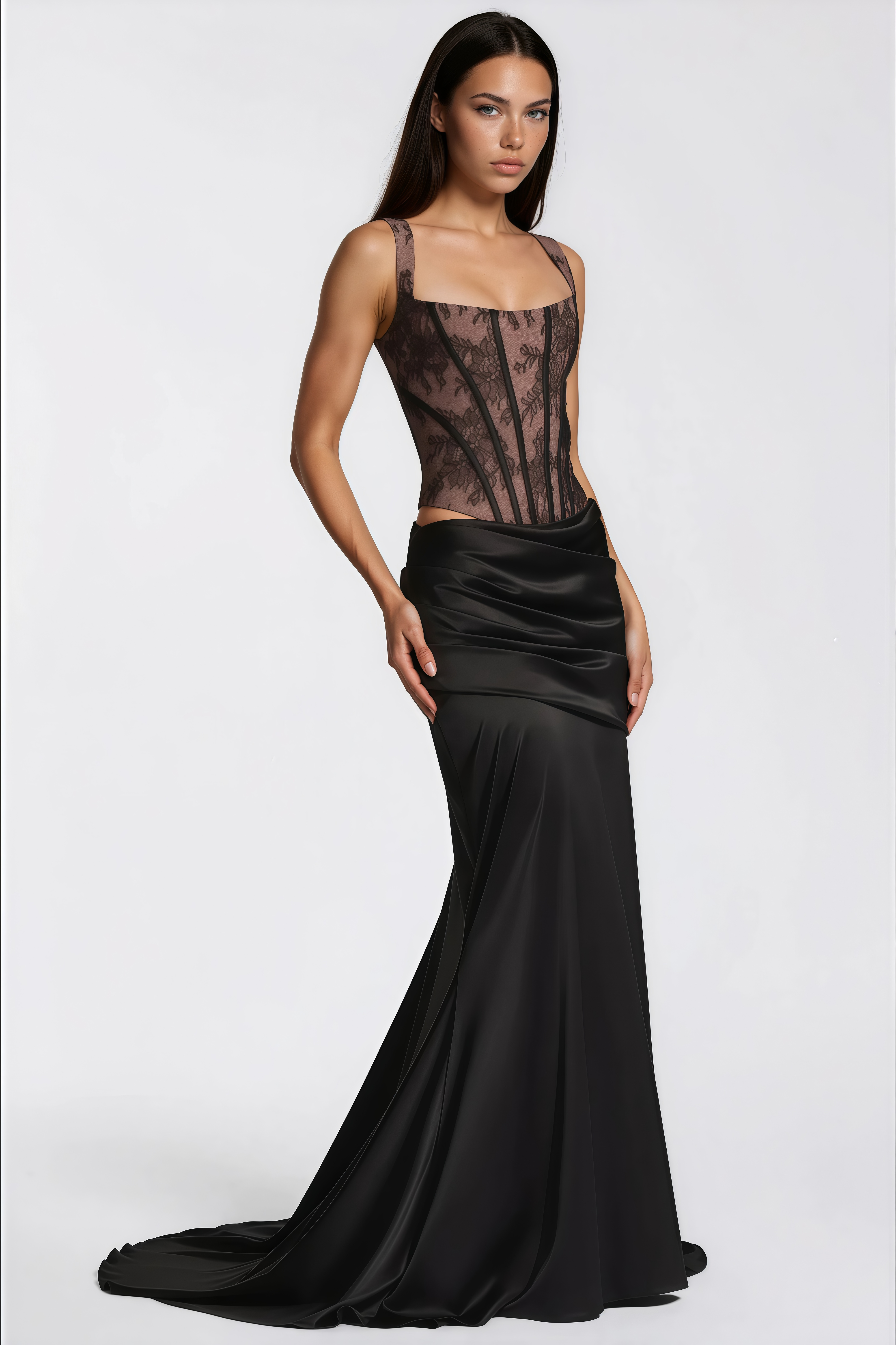 Olesya – Set aus schwarzem Spitzenoberteil und gerafftem Rock