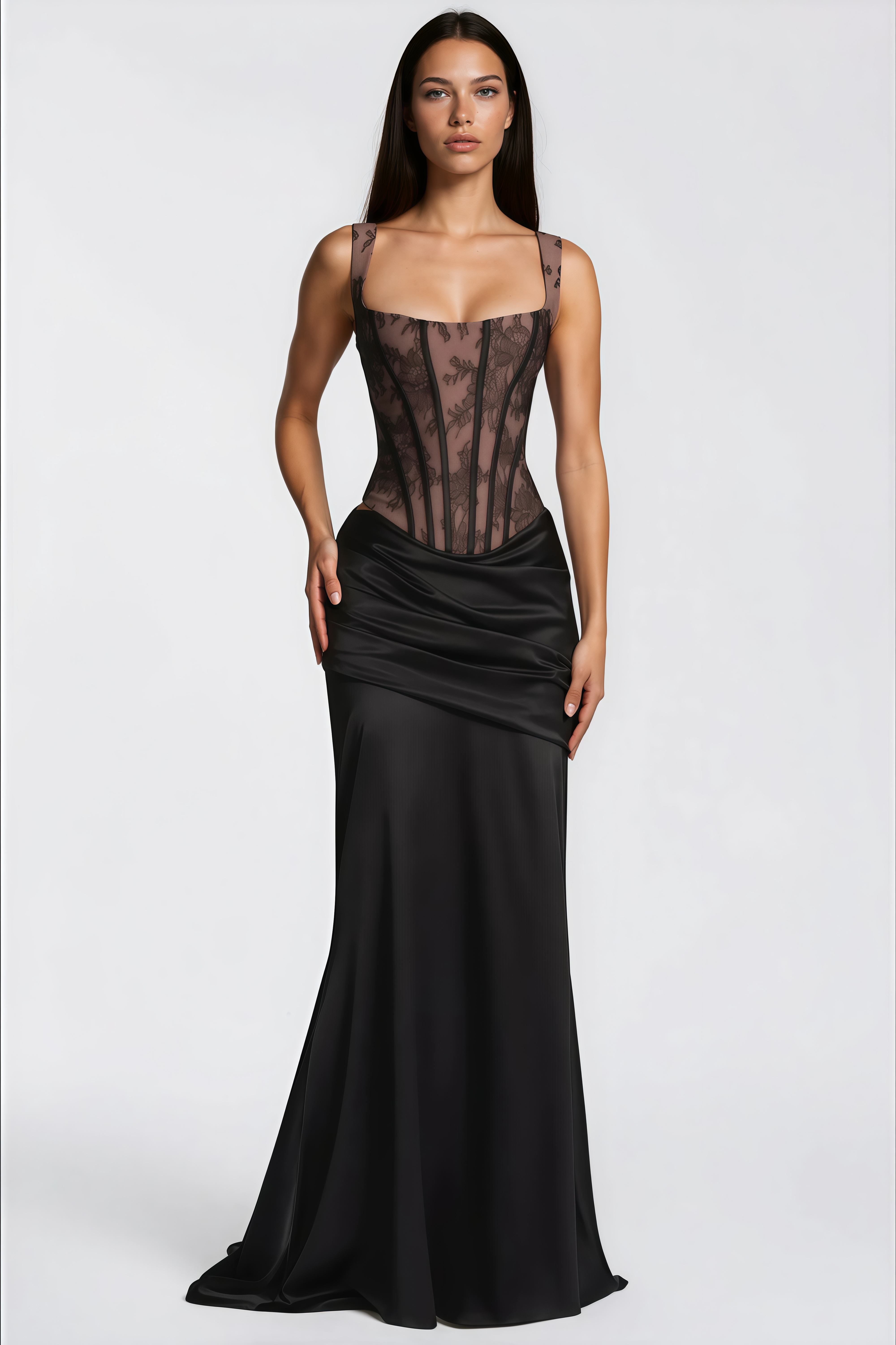 Olesya – Set aus schwarzem Spitzenoberteil und gerafftem Rock