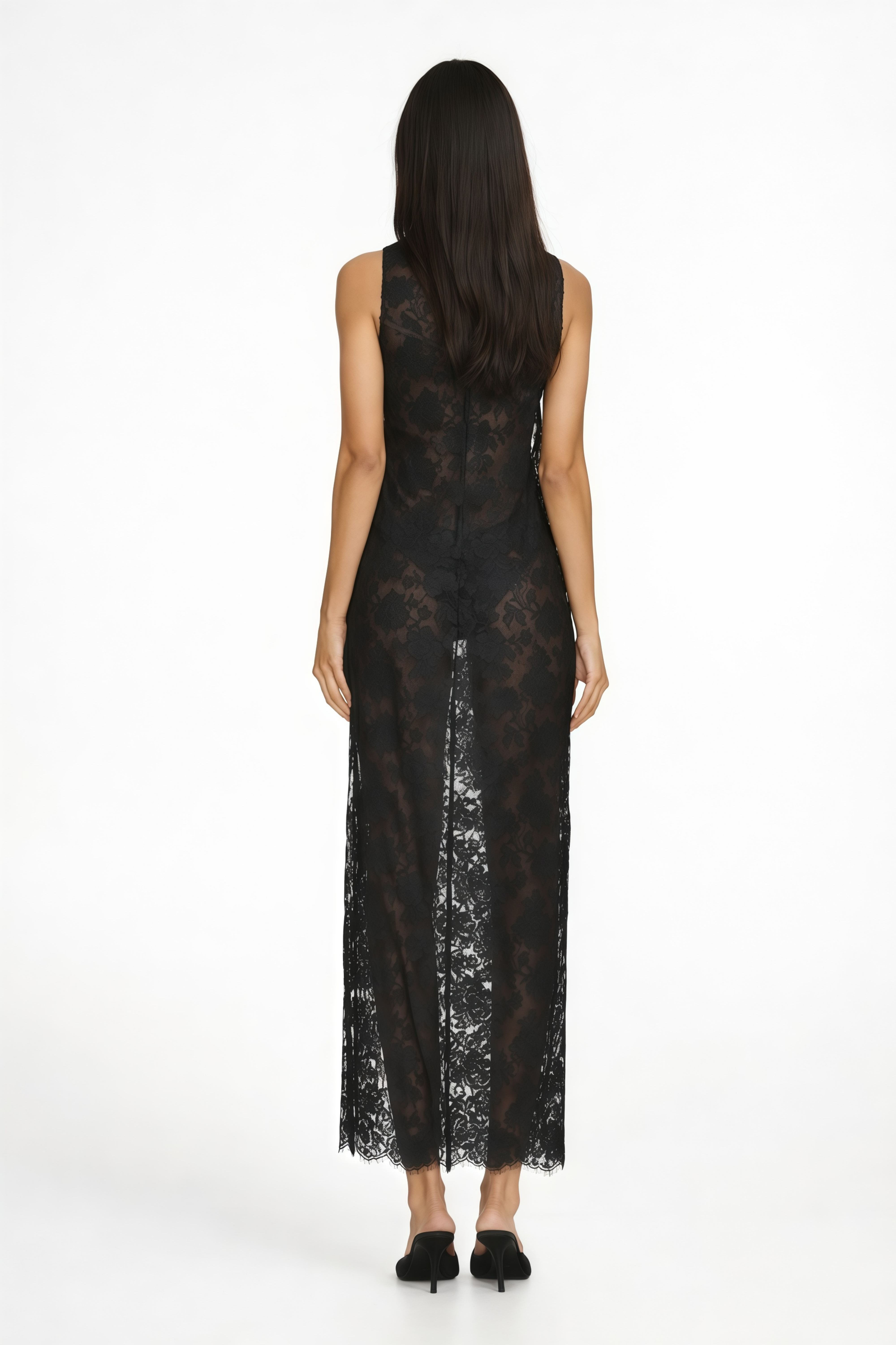 Olesya – Schwarzes, halbtransparentes Maxikleid aus Spitze