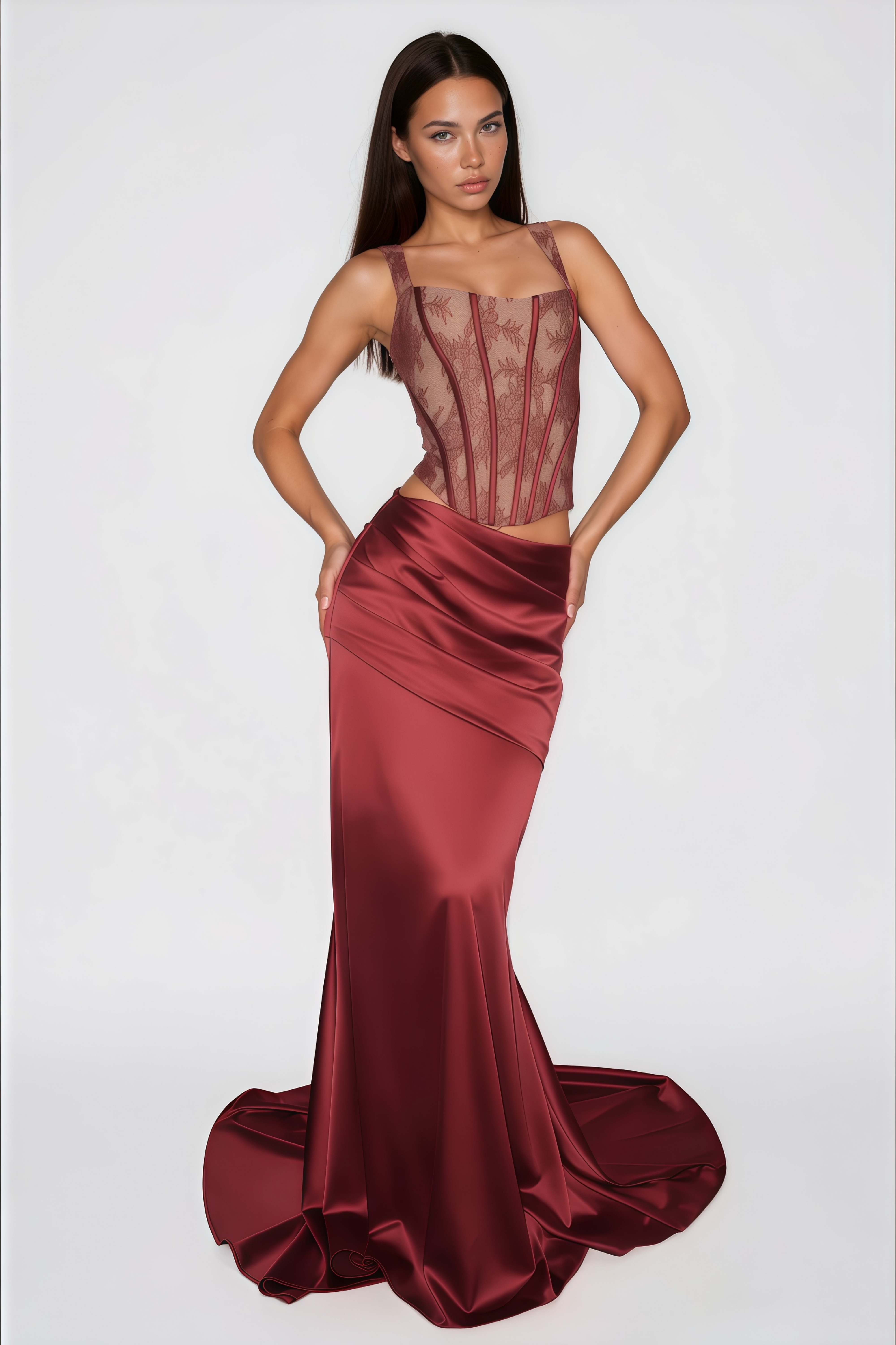 Olesya – Set aus rotem Spitzenoberteil und gerafftem Rock