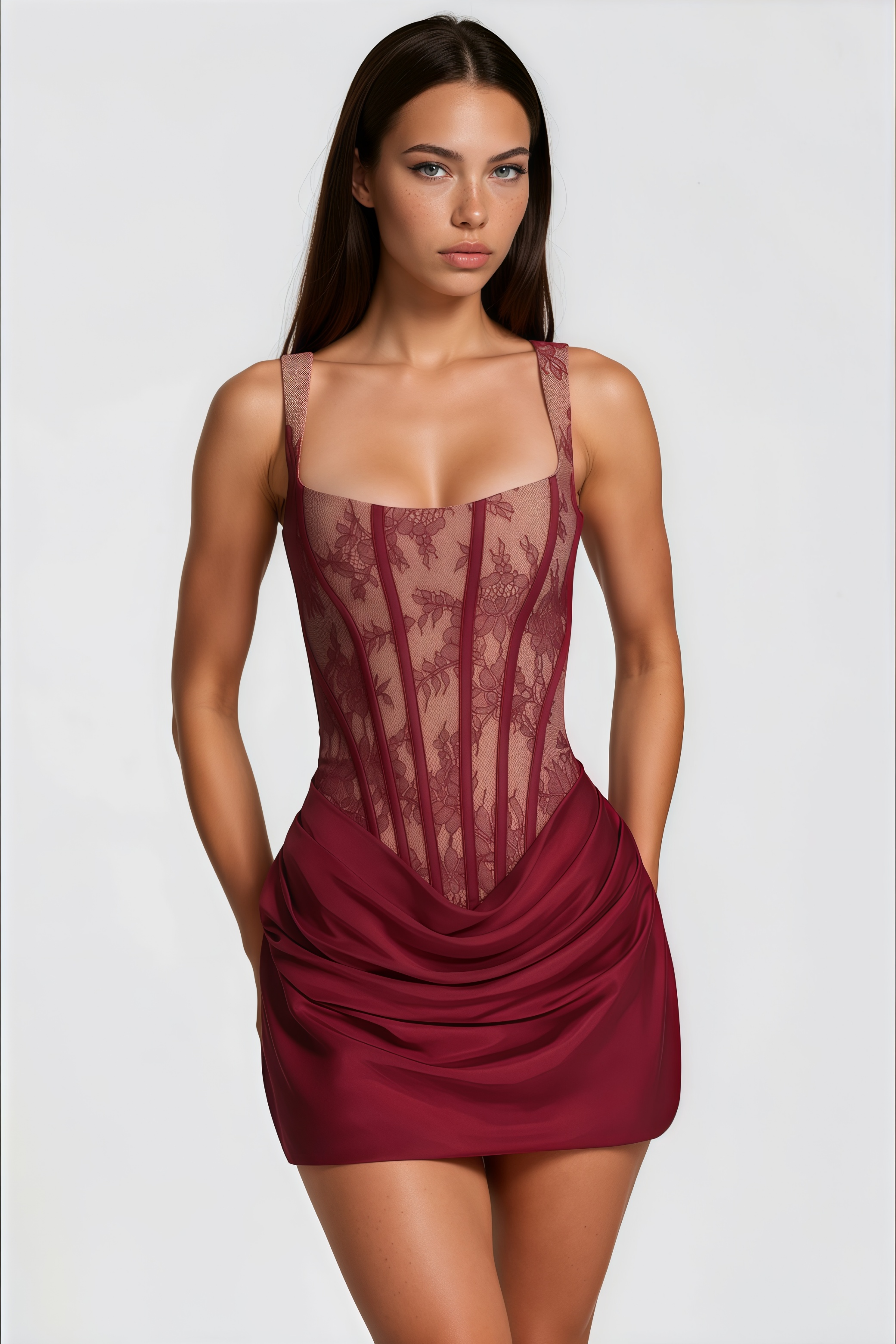 Olesya – Rotes Minikleid mit Rüschen und Spitzen-Einsätzen