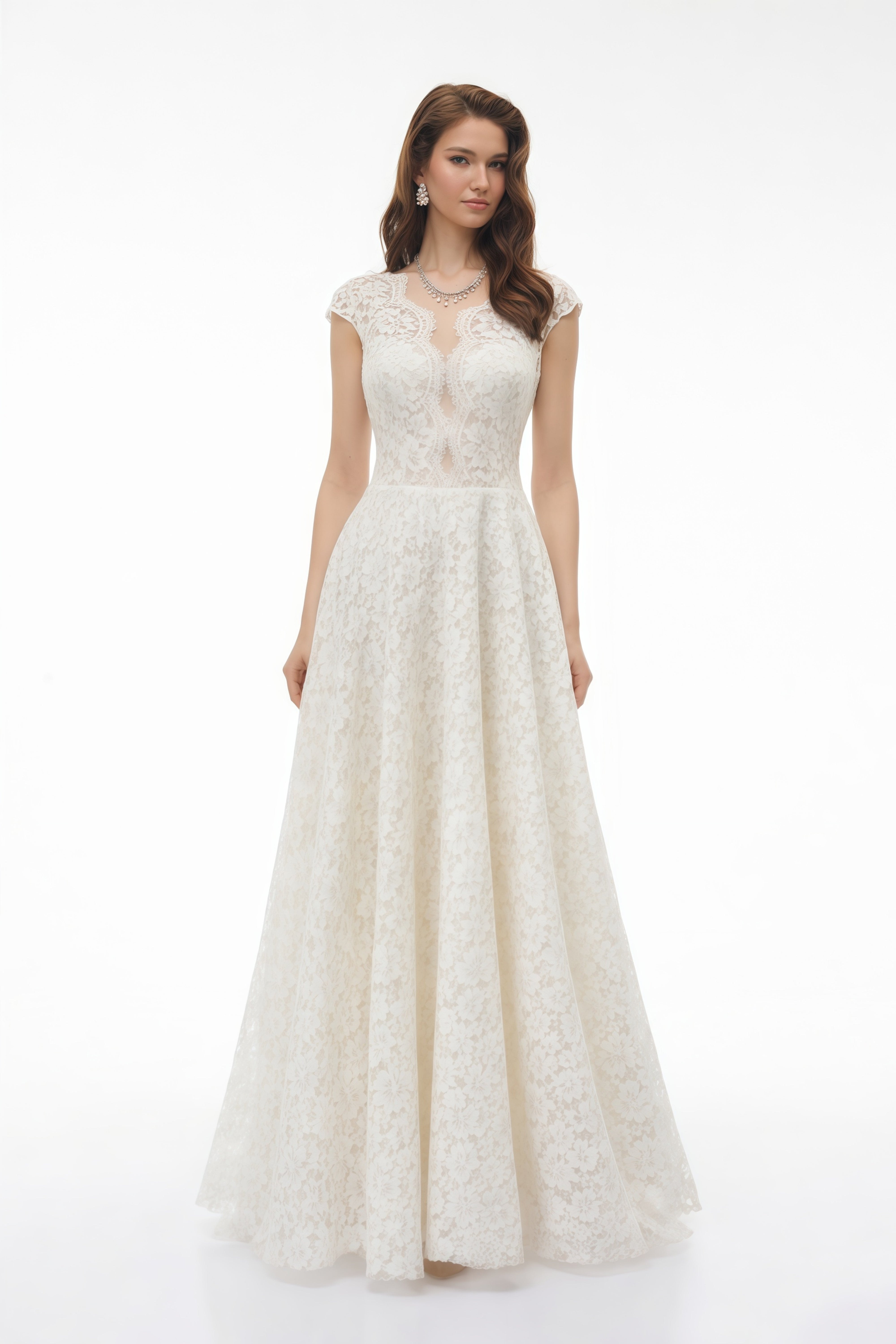Oliana Ivory Lace Maxi Gown with Cap Sleeves