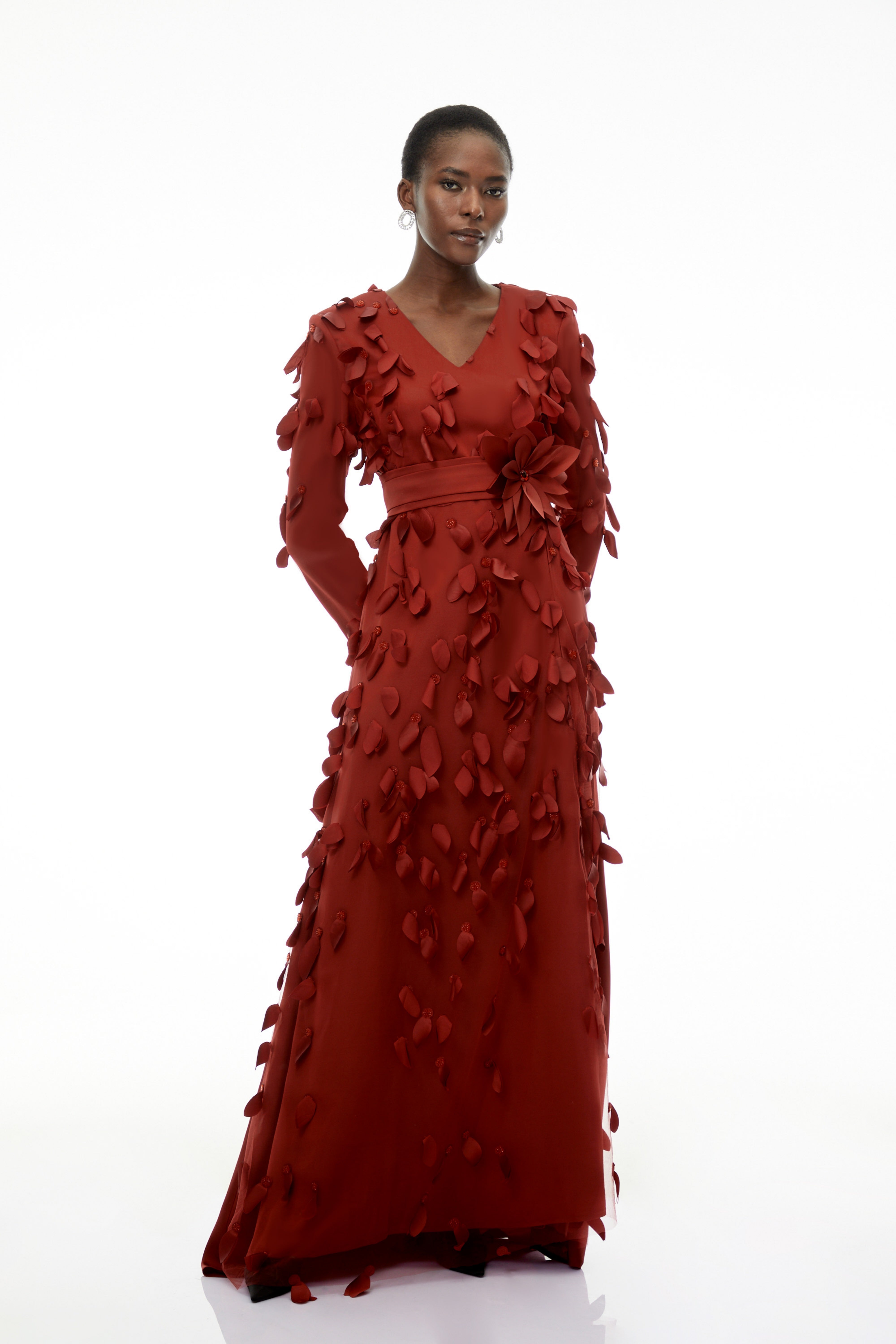 Olivia Red Maxi Dress with All-Over 3D Petals (Final Sale)