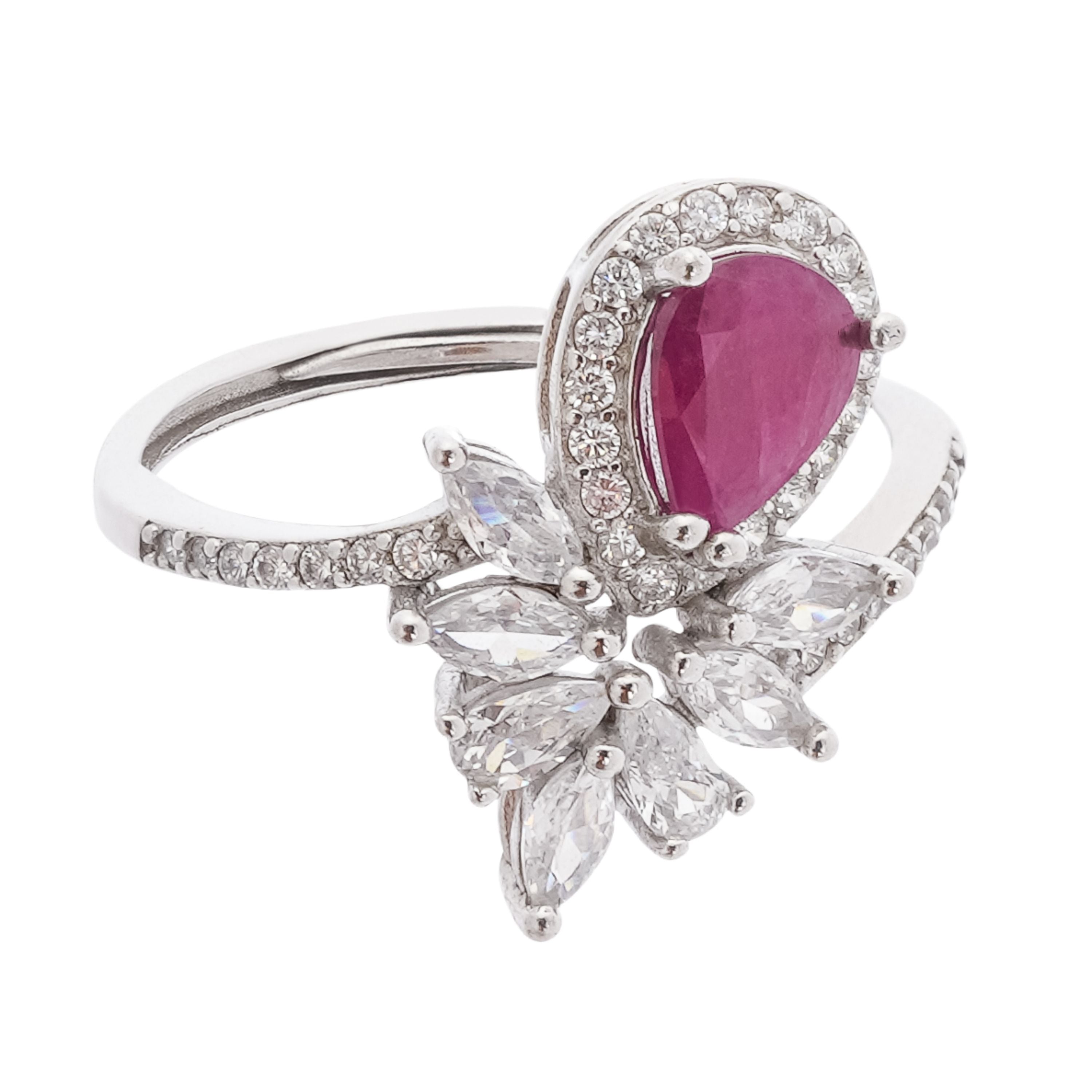 Olivia Ruby Pear Cut Halo Marquise Cluster Crystal Sterling Silver Ring