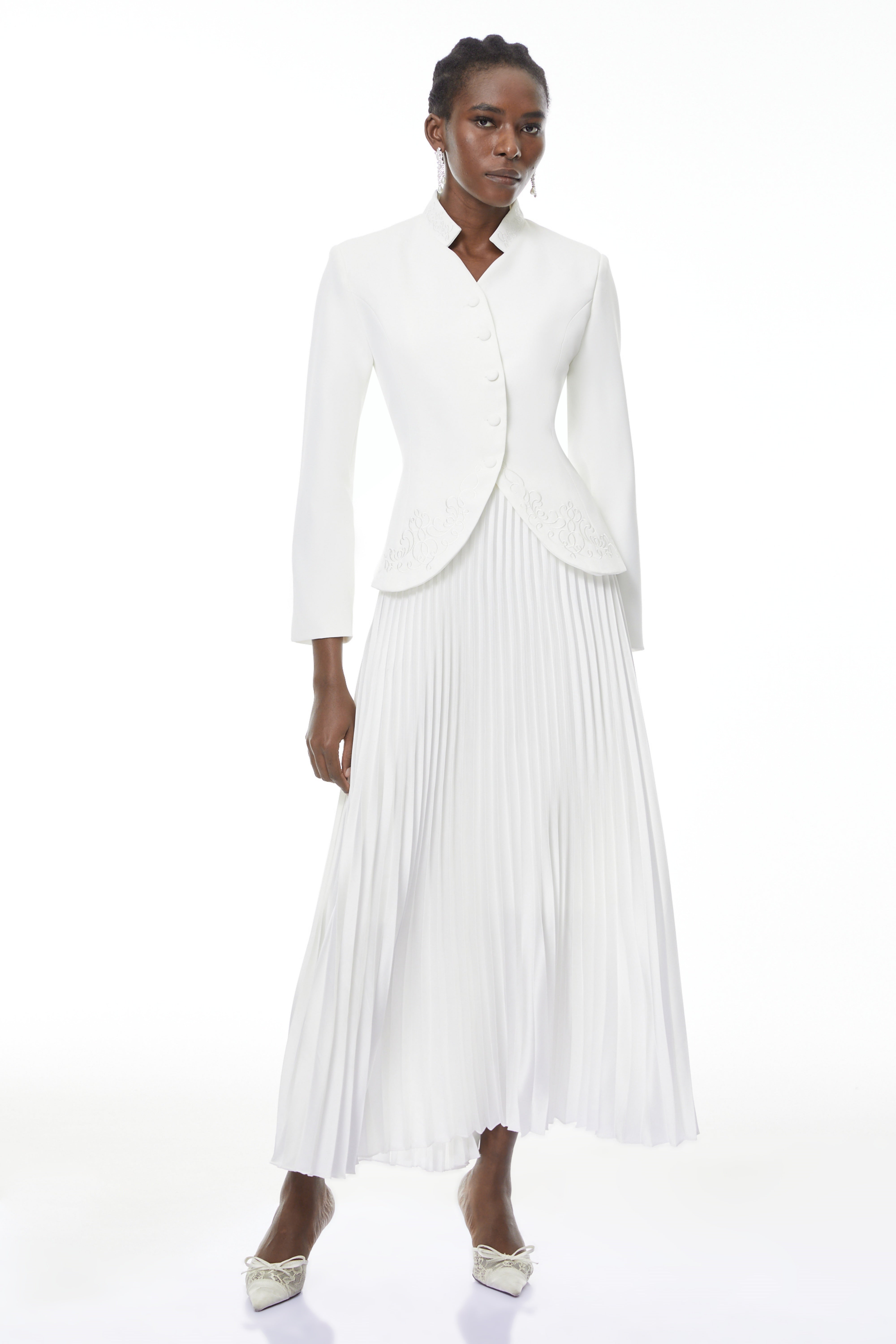 Olivia White Floral Embroidered Blazer & Pleated Skirt Set