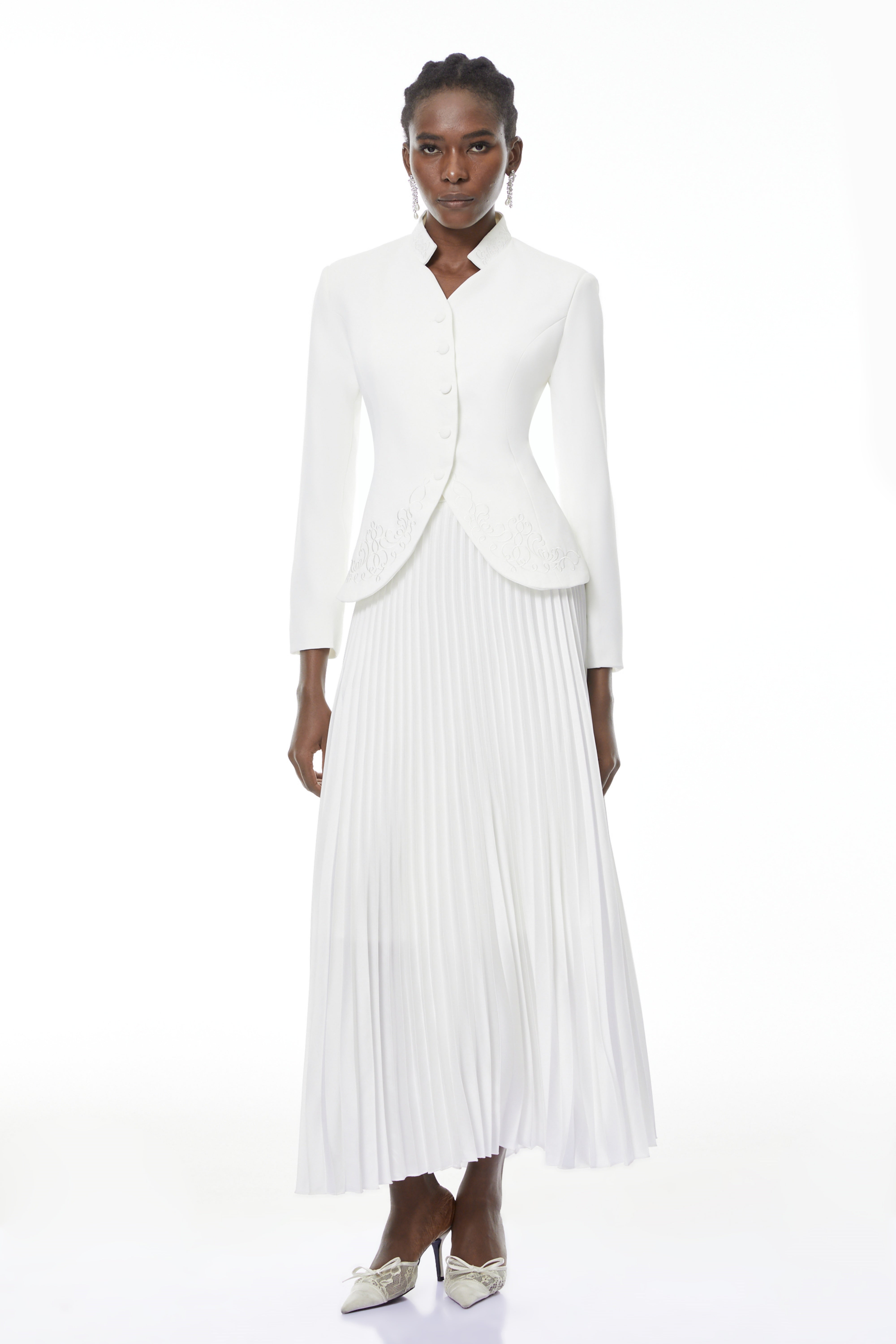 Olivia White Floral Embroidered Blazer & Pleated Skirt Set