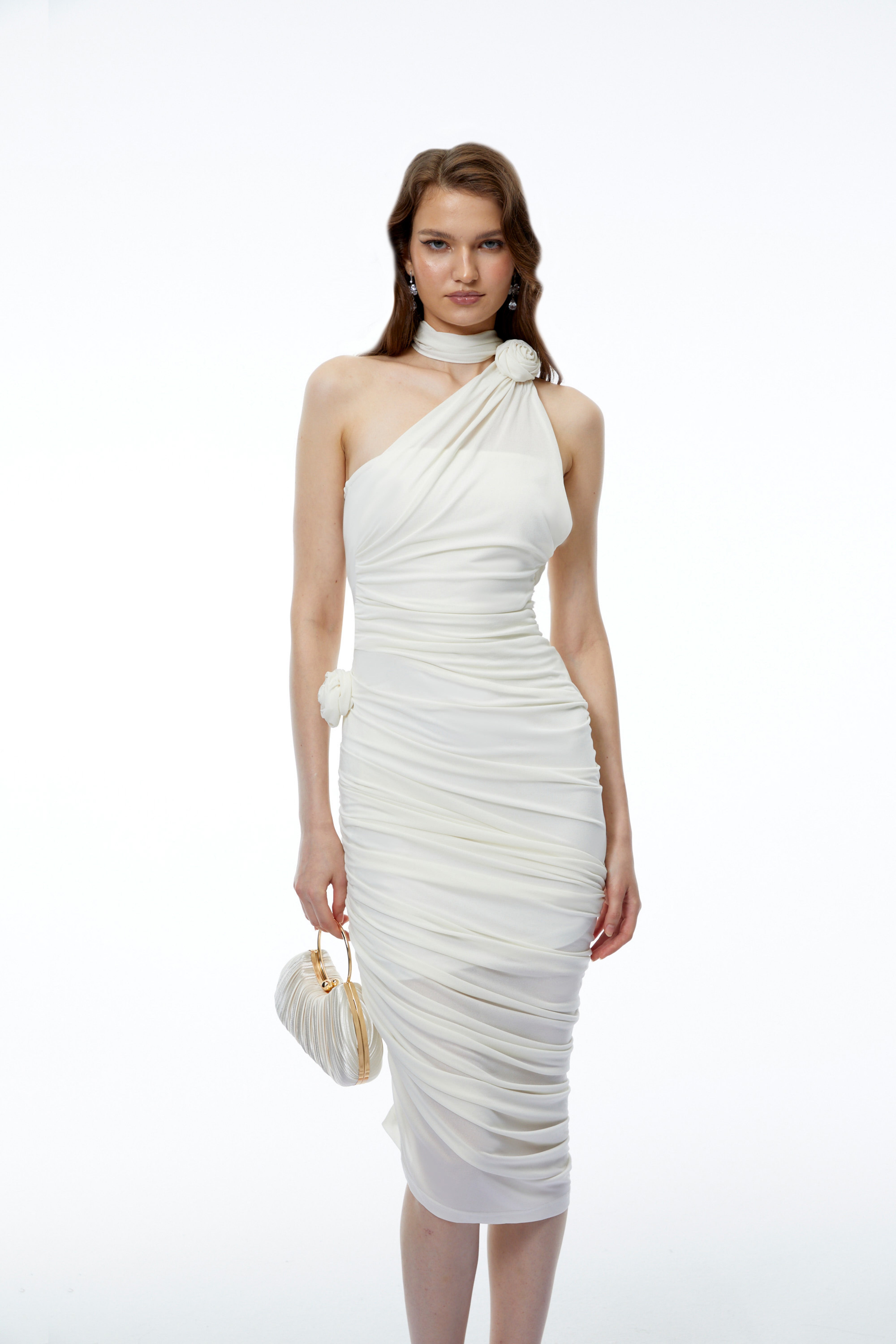 Olivia White Halterneck Ruched Midi Dress with 3D Florals