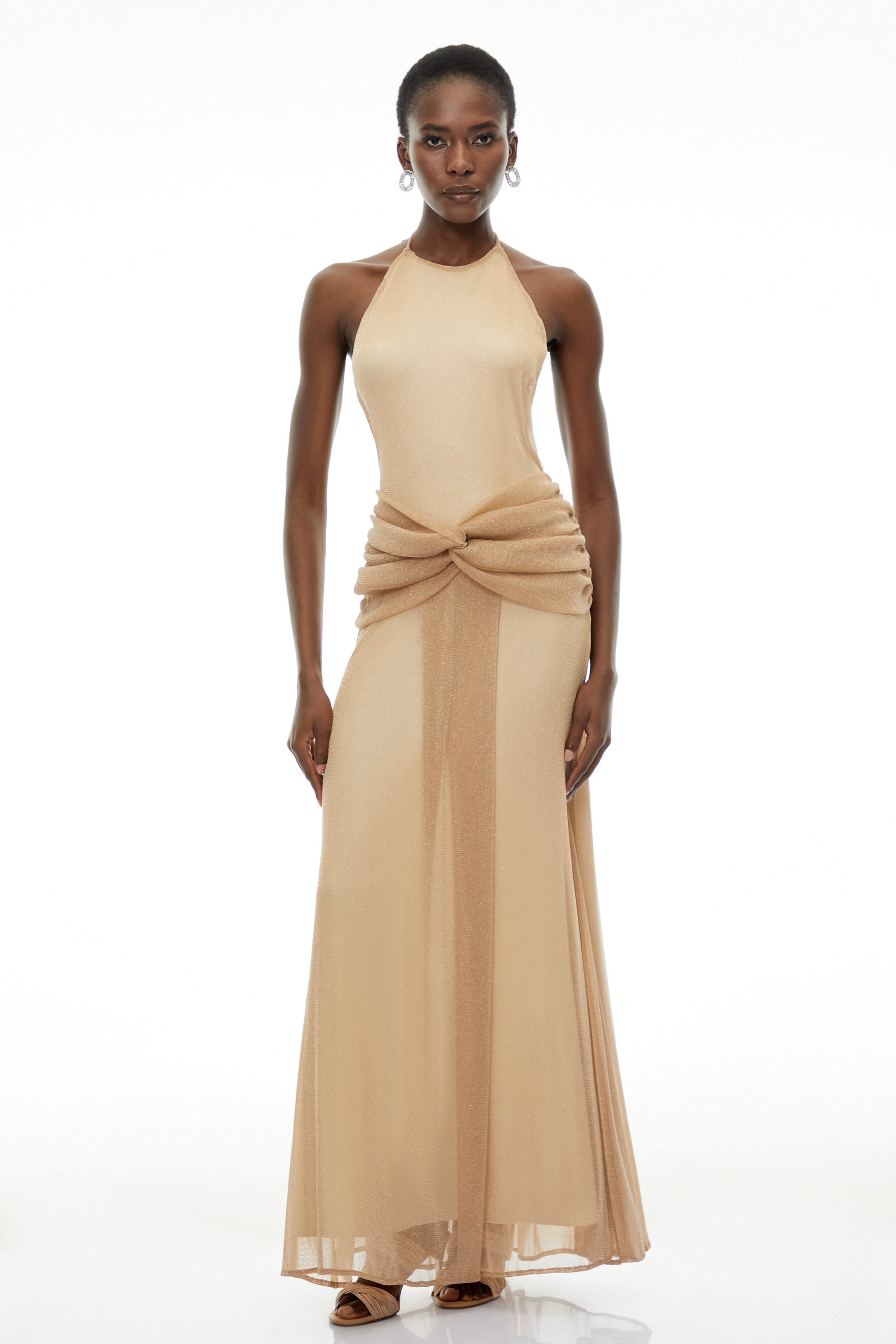 Olympia Champagne Halterneck Ruched Maxi Dress