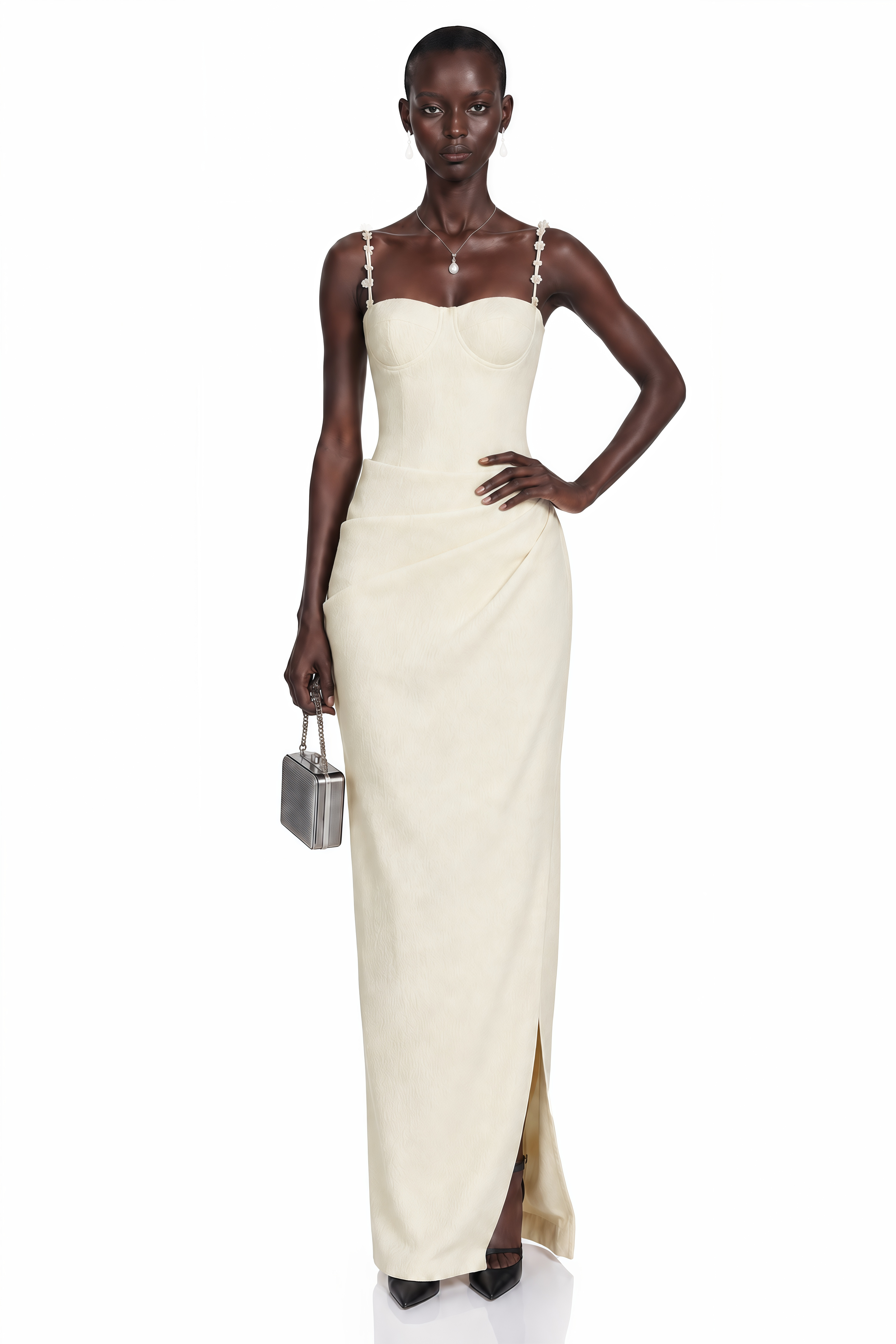 Olympia Cream White Maxi Dress with 3D Floral Straps