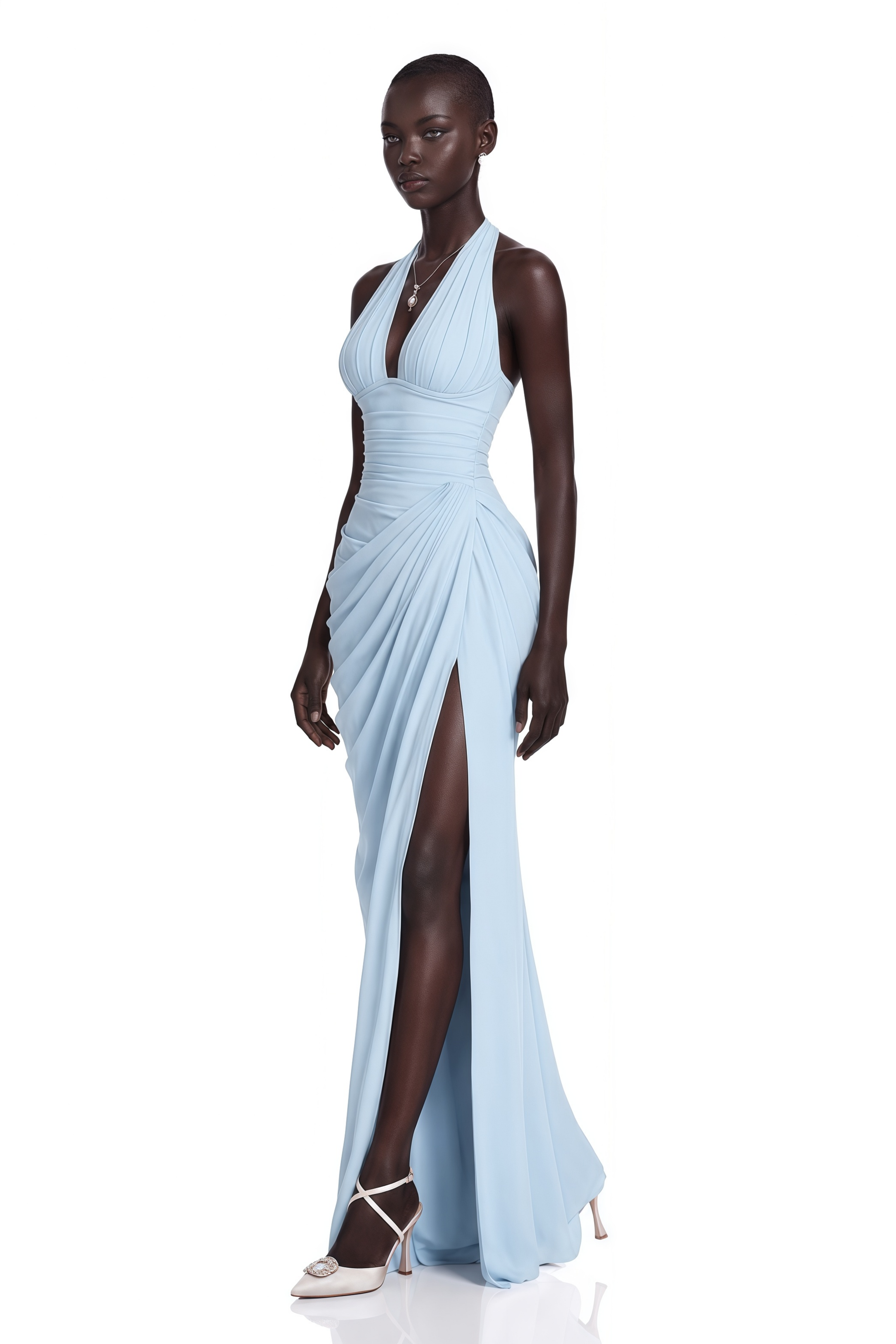Robe longue froncée à col dos nu et fente « Ombeline Blue »