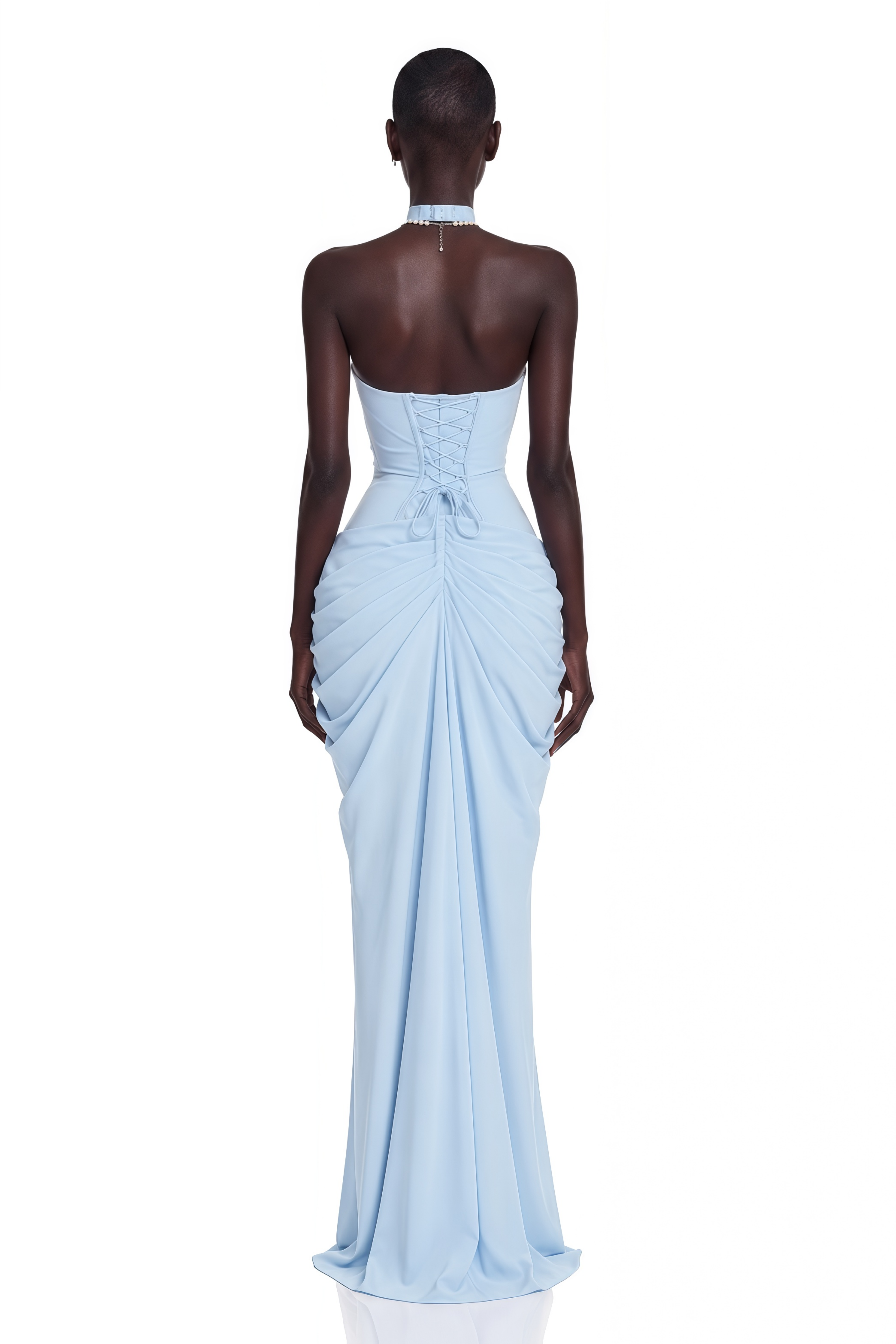 Robe longue froncée à col dos nu et fente « Ombeline Blue »