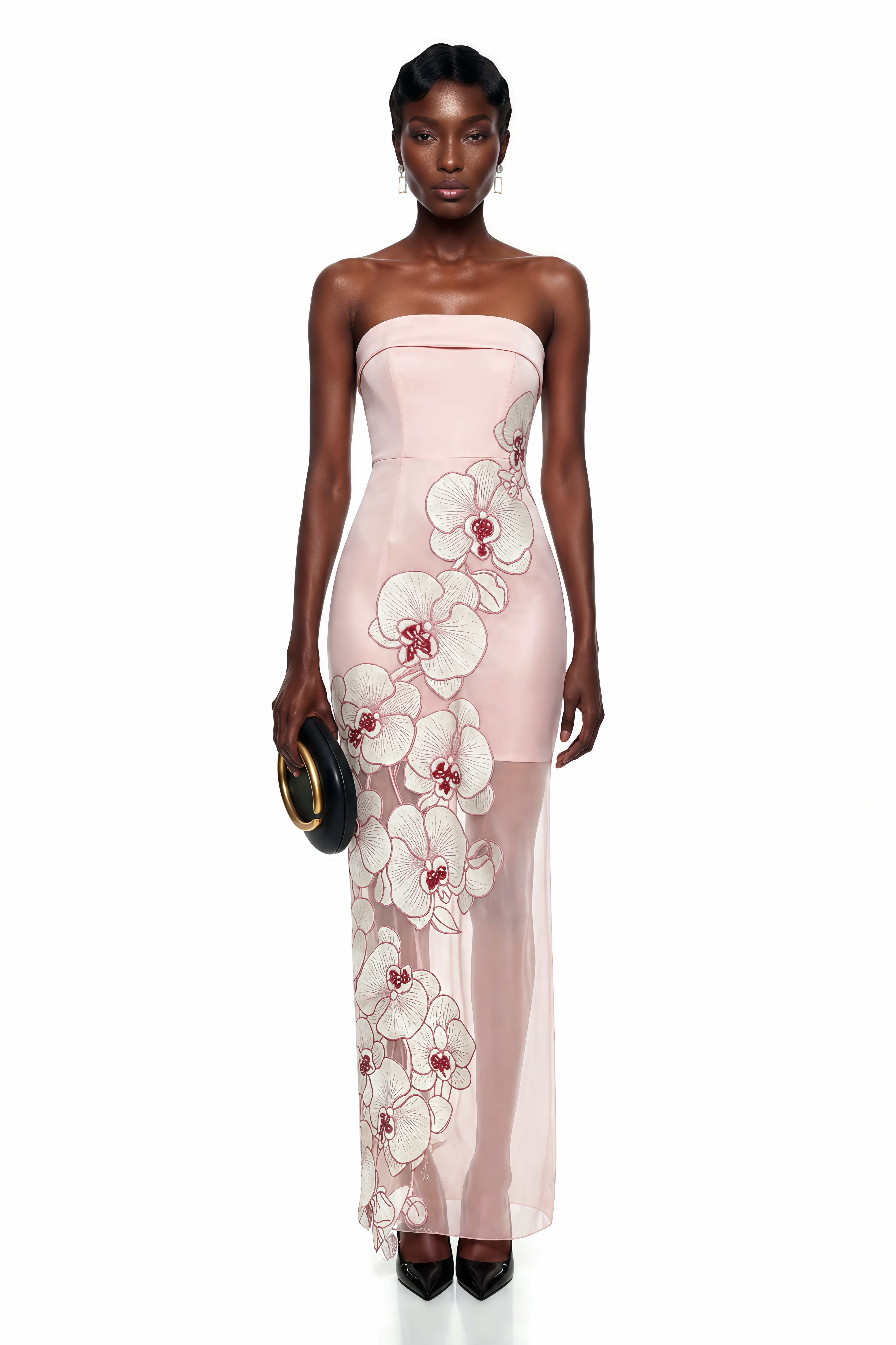 Robe longue semi-transparente Ondina rose avec appliques florales