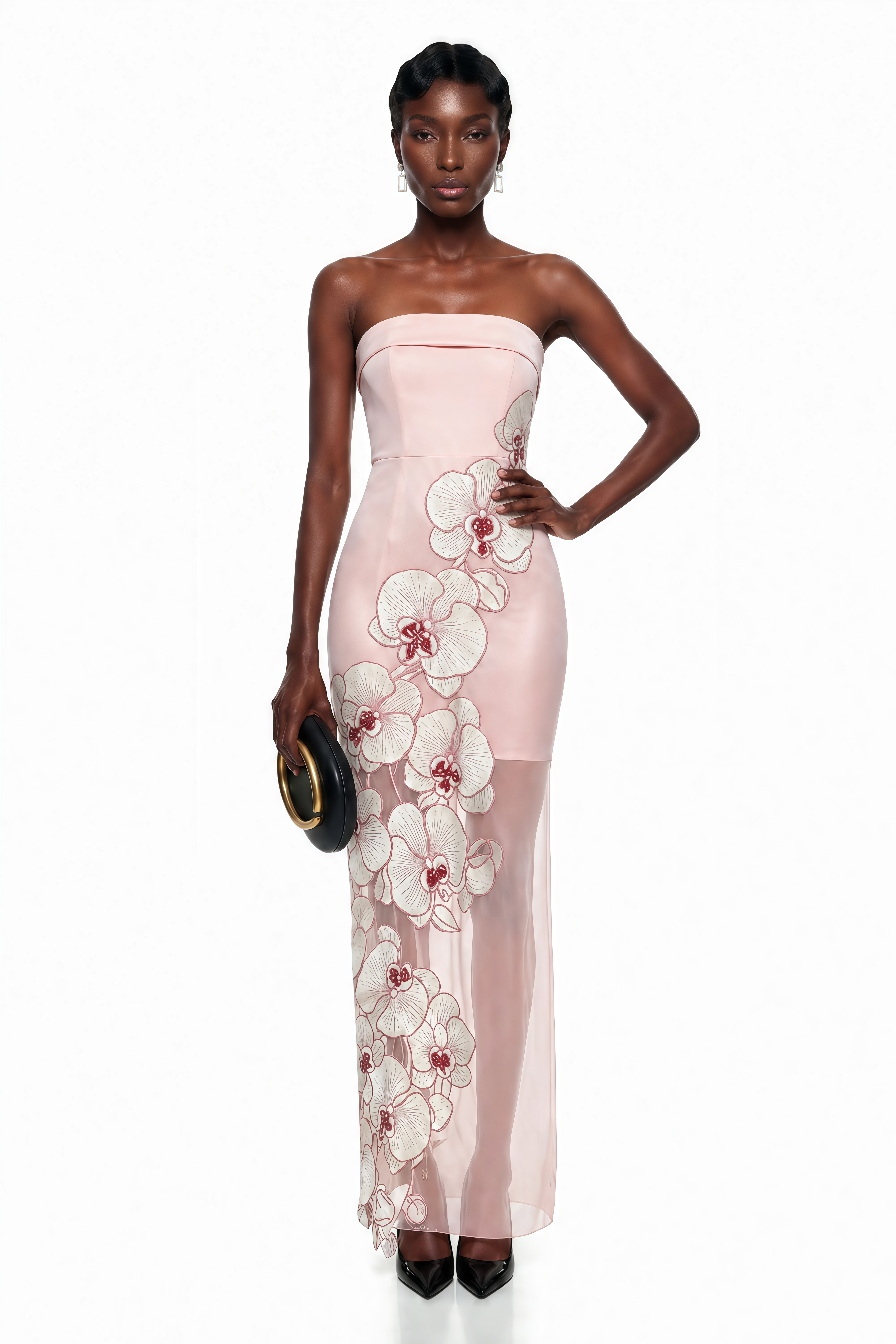 Robe longue semi-transparente Ondina rose avec appliques florales