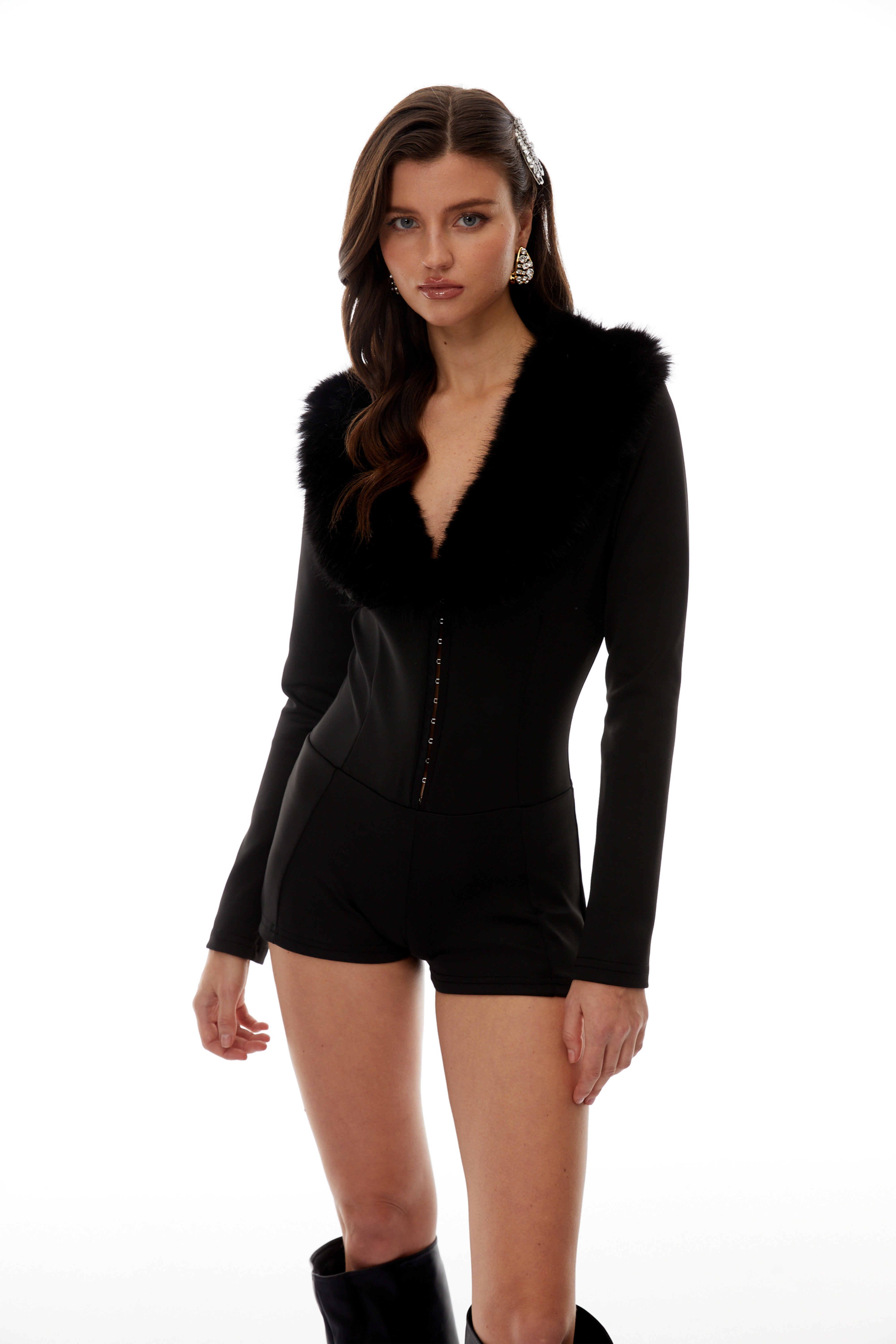 Faux Fur-Trim Playsuit