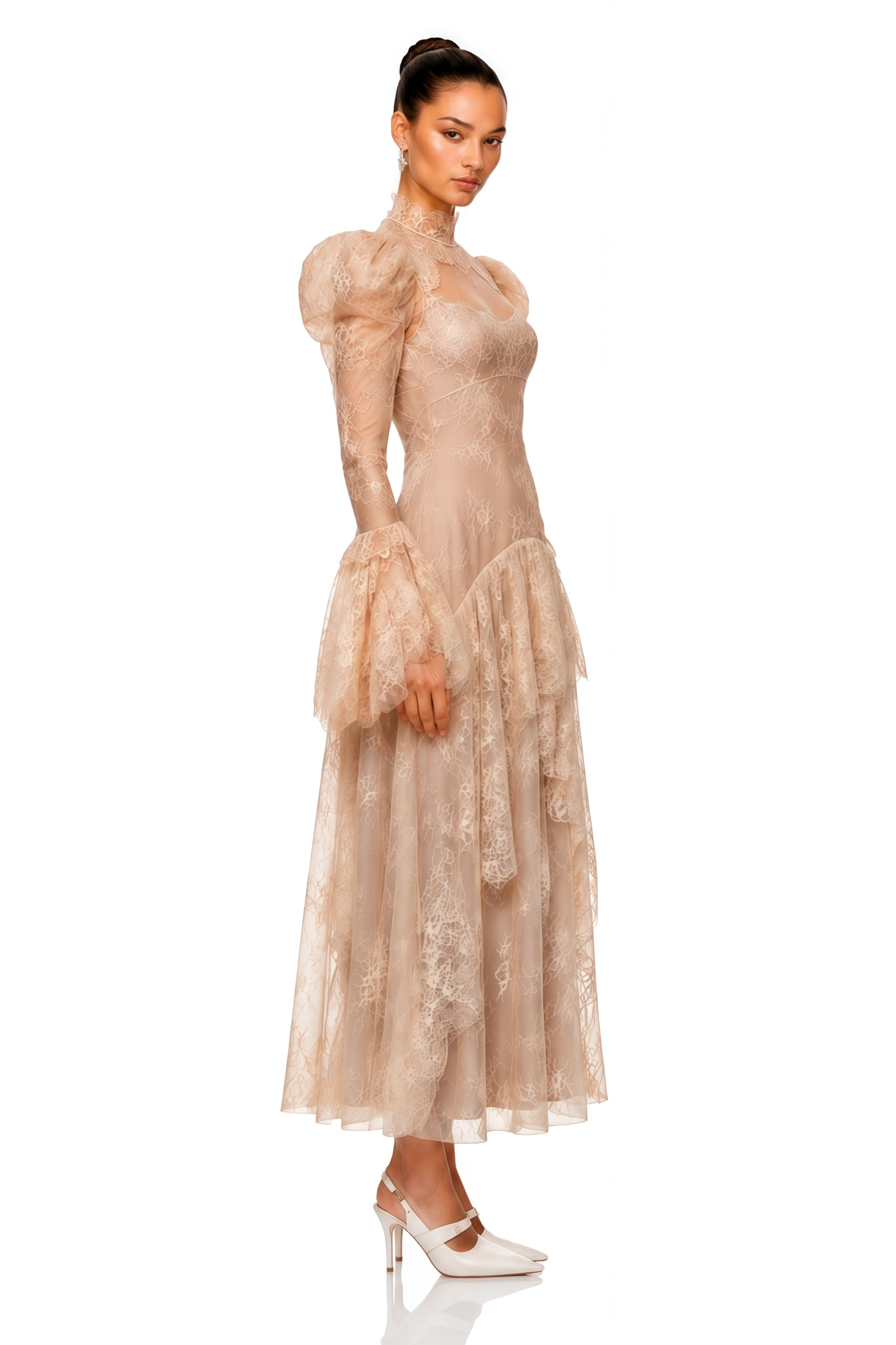 Ophelia Neutral Mock Neck Lace Maxi Dress