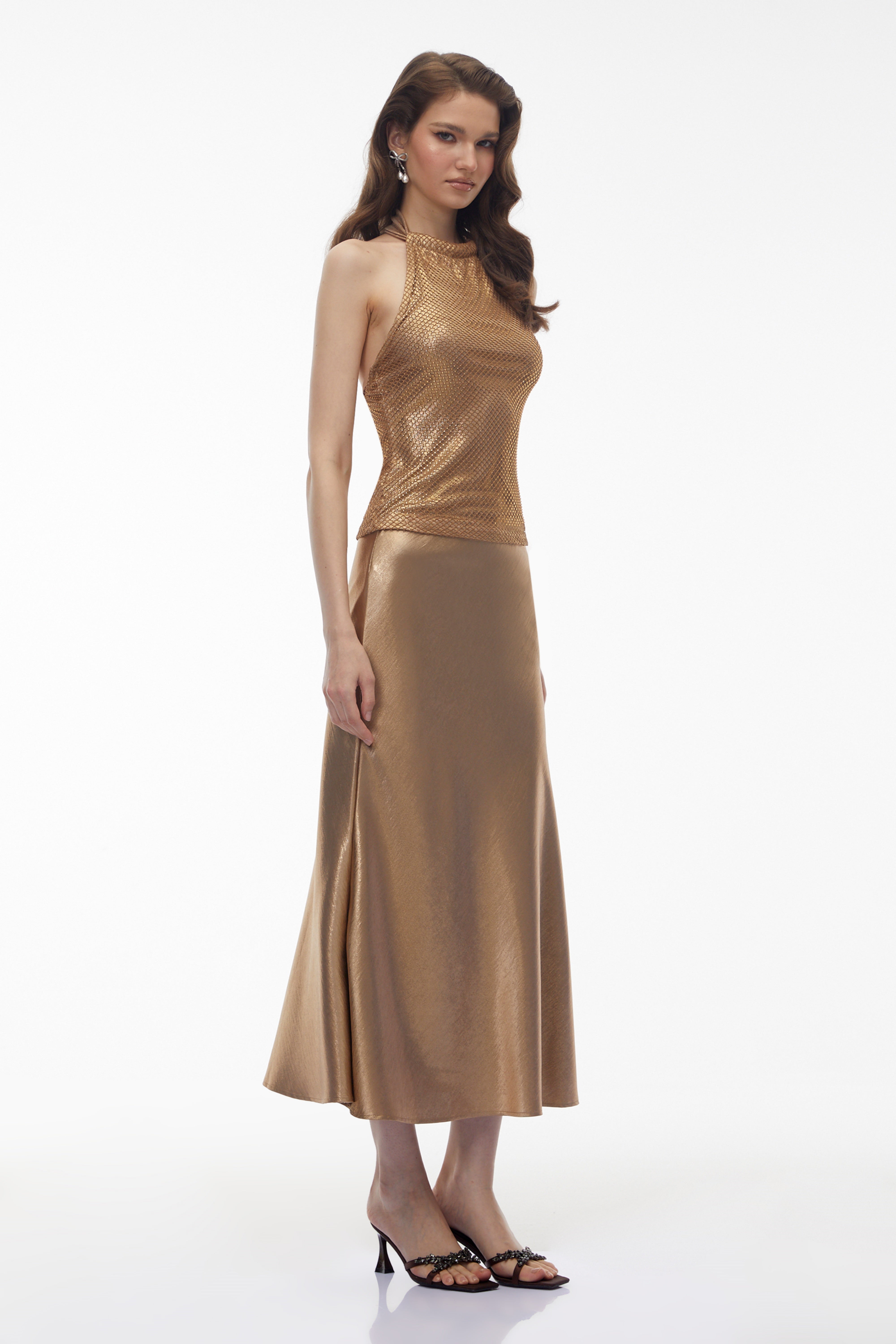 Ensemble jupe et haut à paillettes Ordelia Gold à dos nu