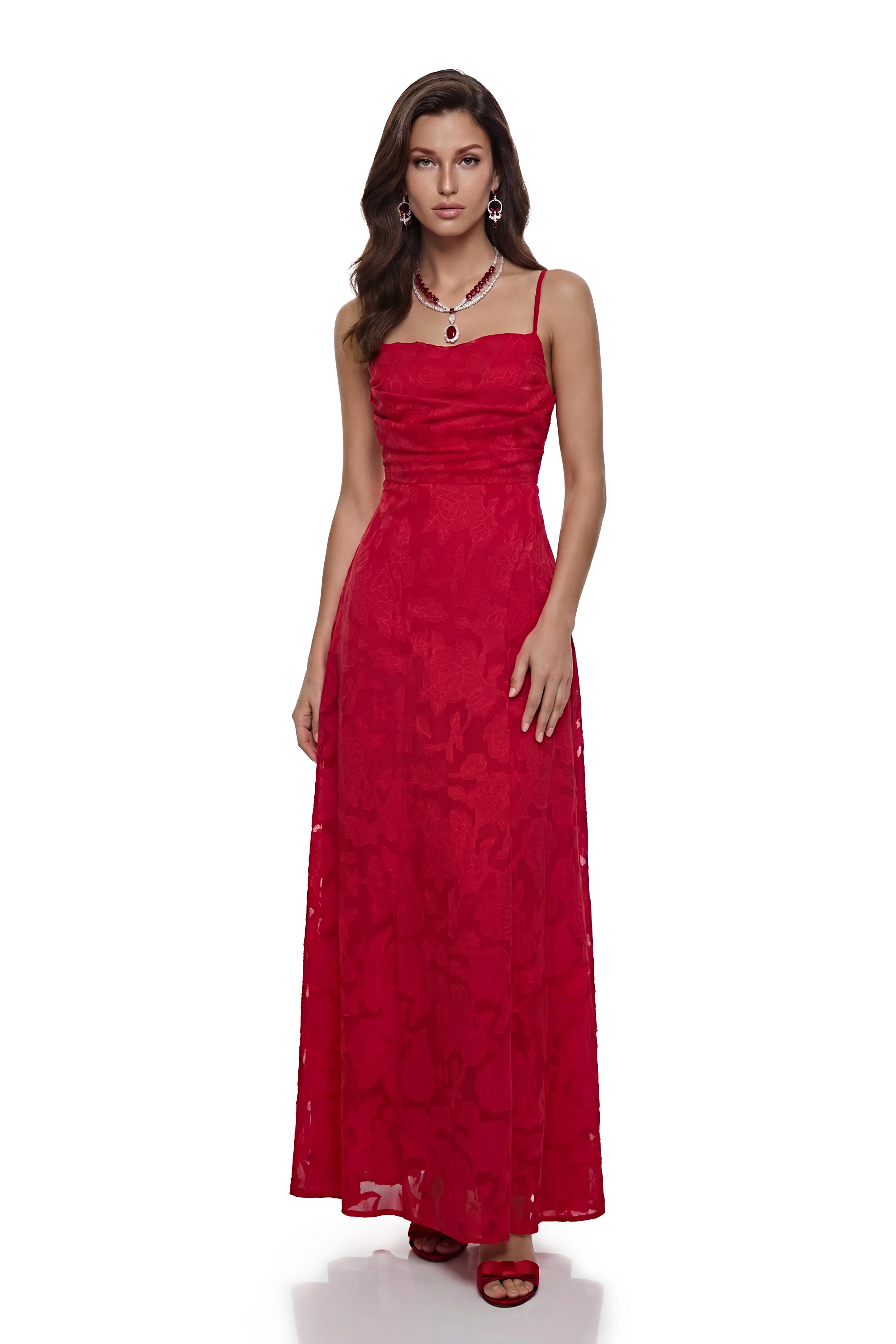 Oriane – Maxikleid aus roter Blumen-Spitze