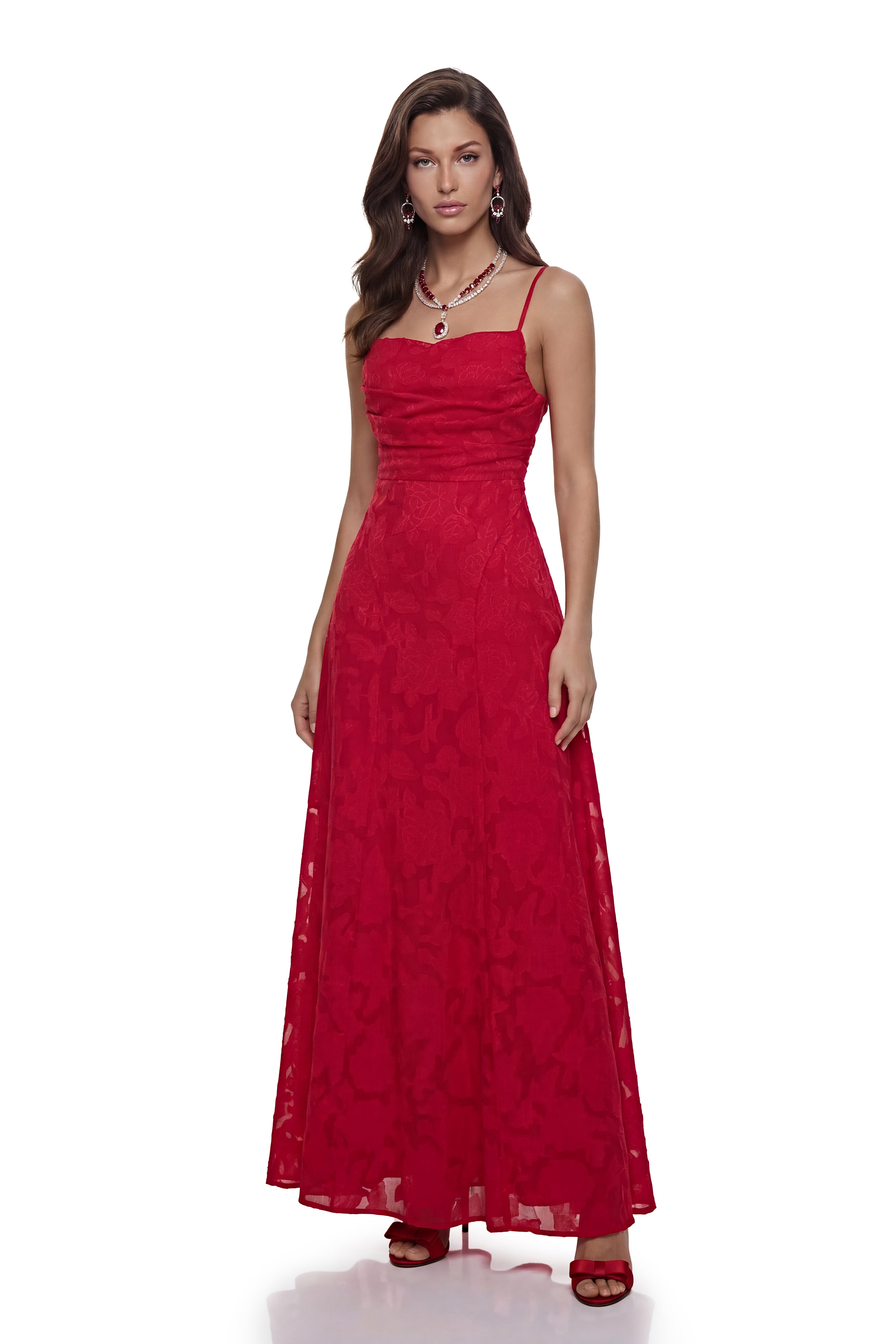 Oriane – Maxikleid aus roter Blumen-Spitze