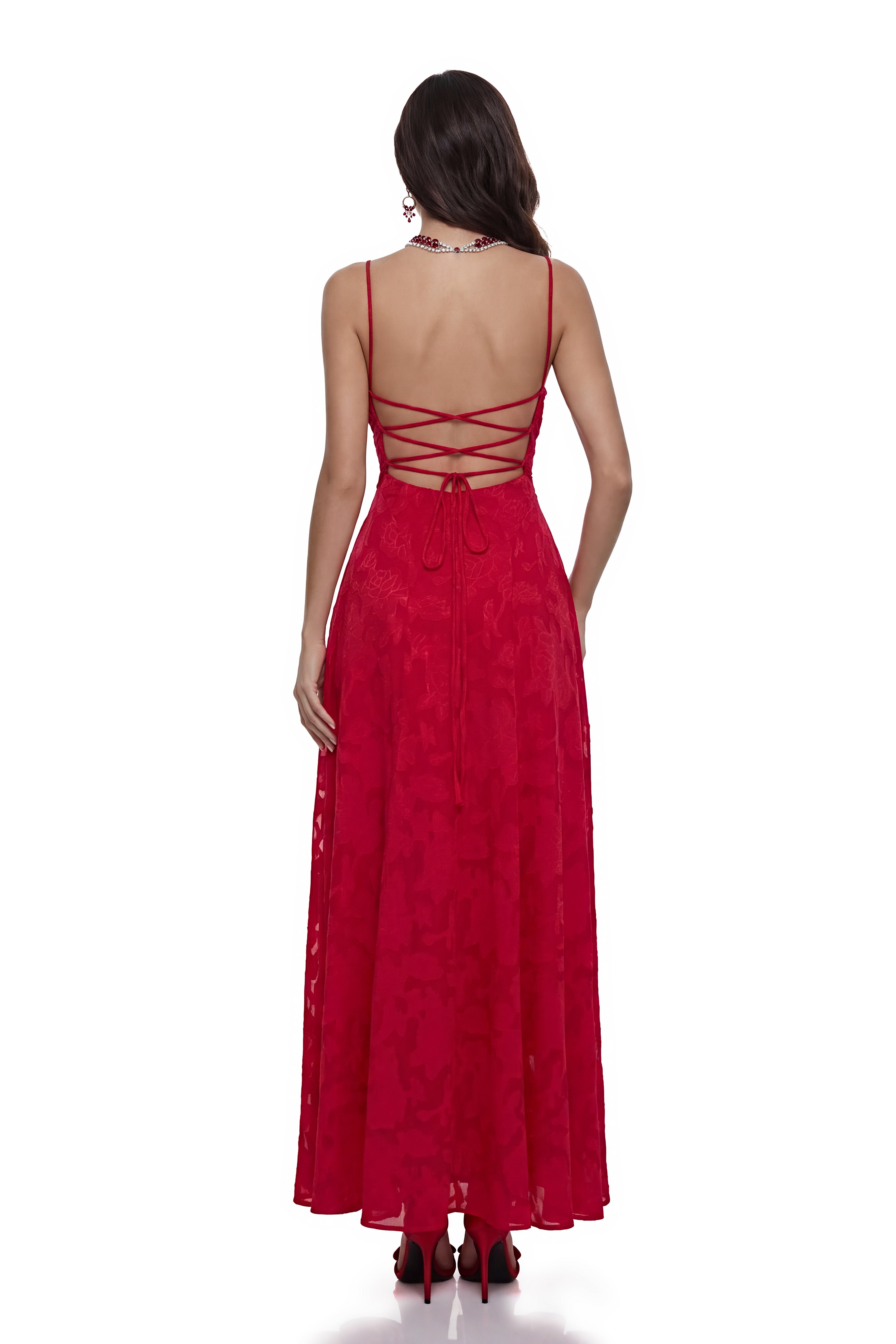 Oriane – Maxikleid aus roter Blumen-Spitze