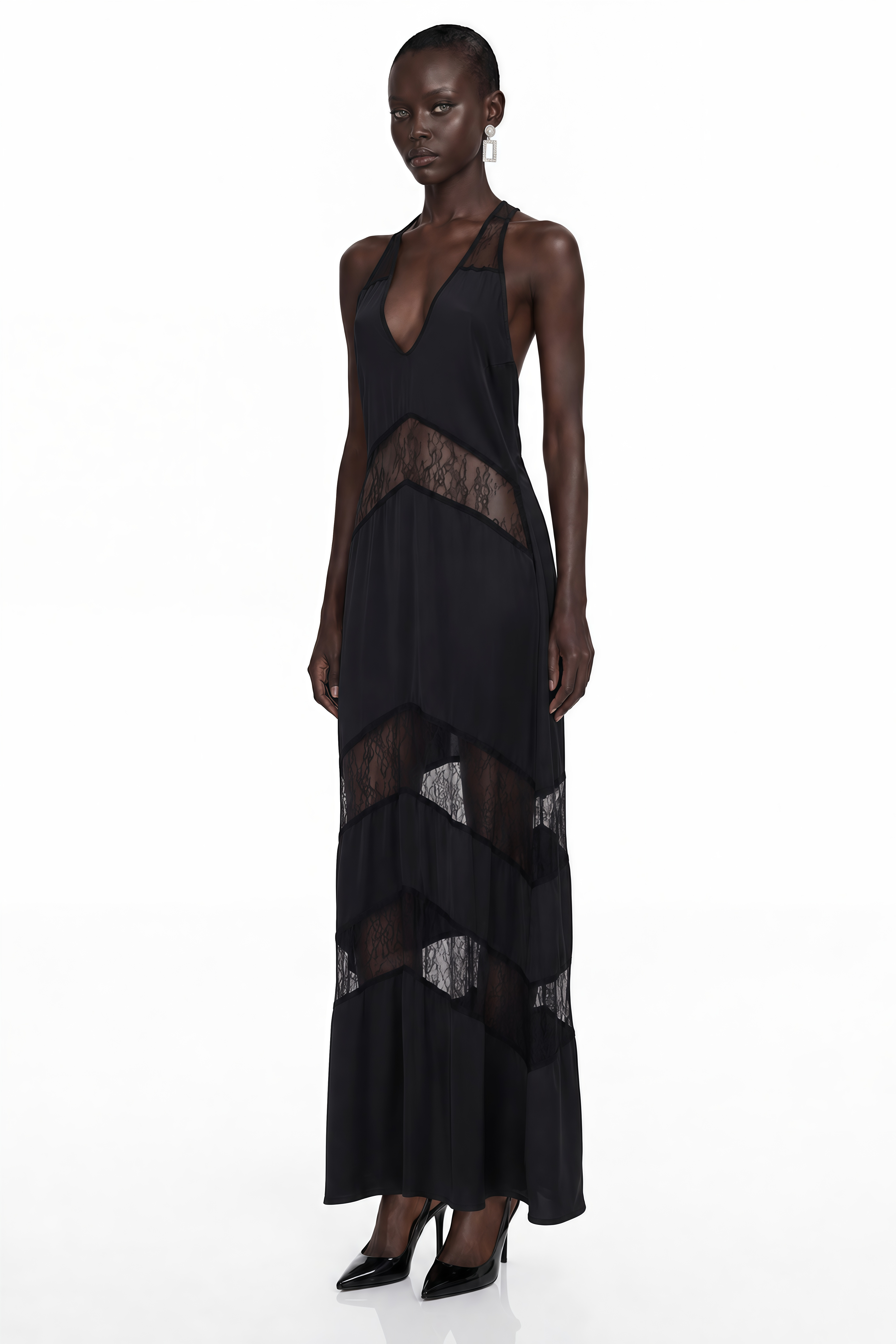 Otago Black Halterneck Maxi Dress with Lace Panels