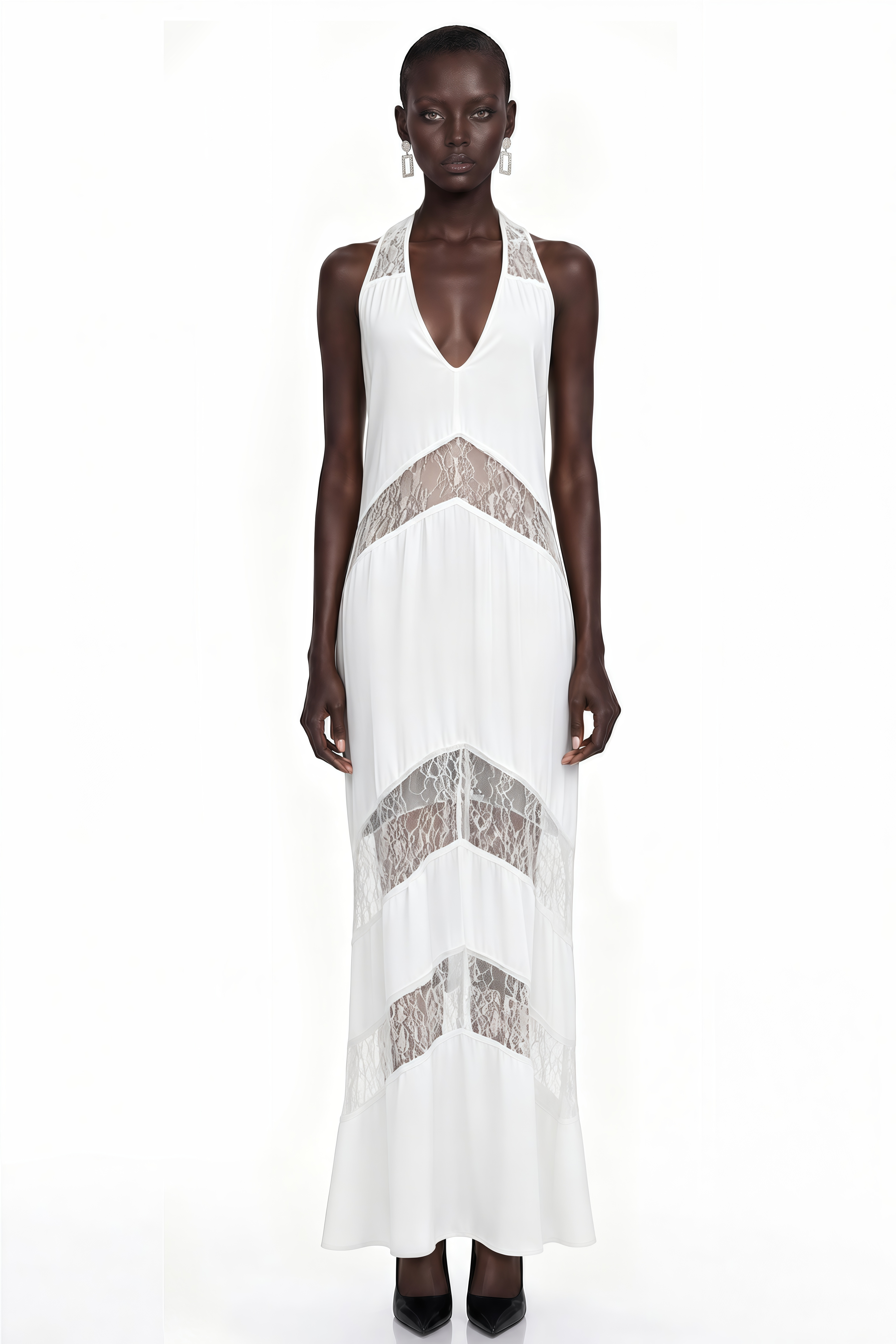 Otago White Halterneck Maxi Dress with Lace Panels