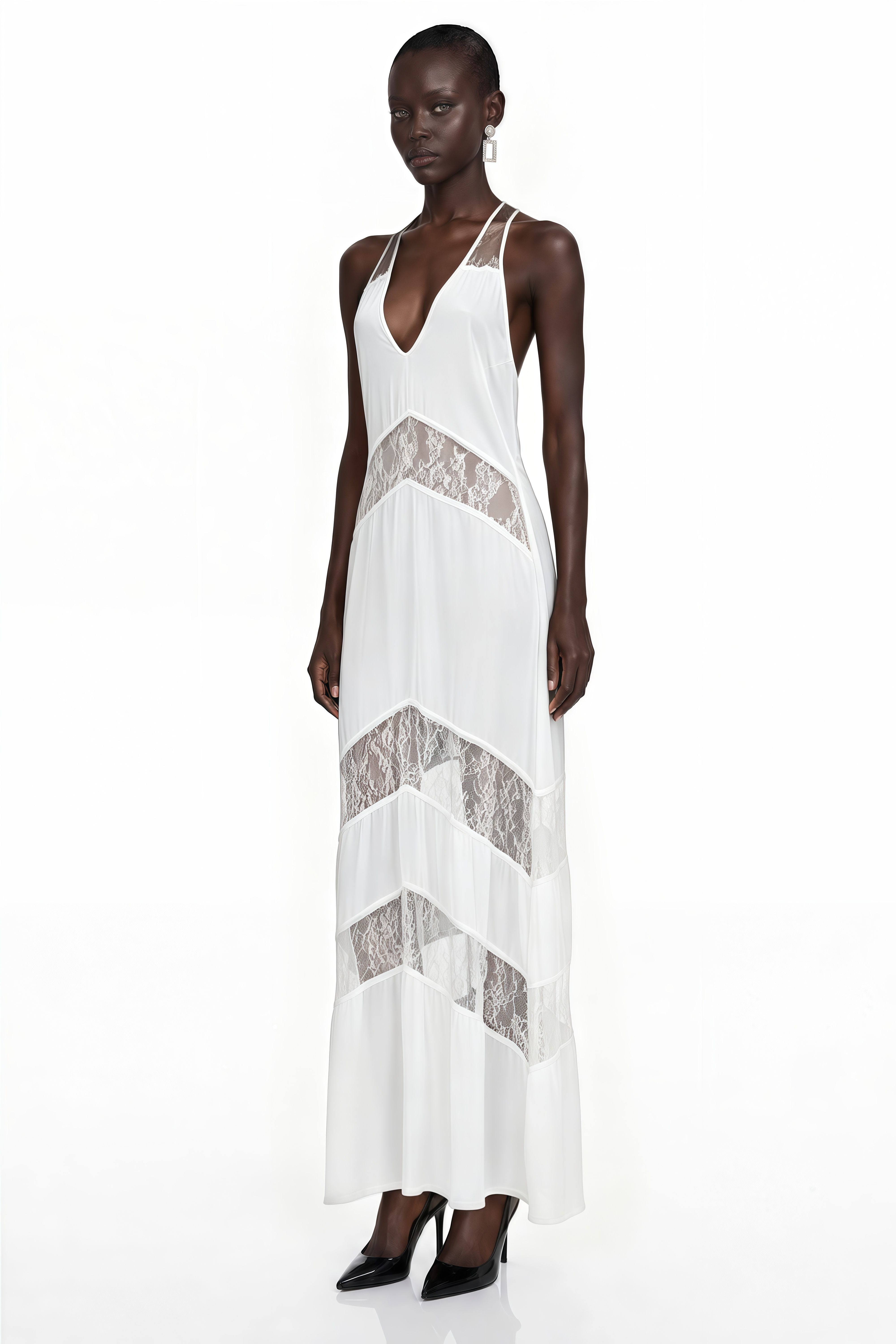 Otago White Halterneck Maxi Dress with Lace Panels