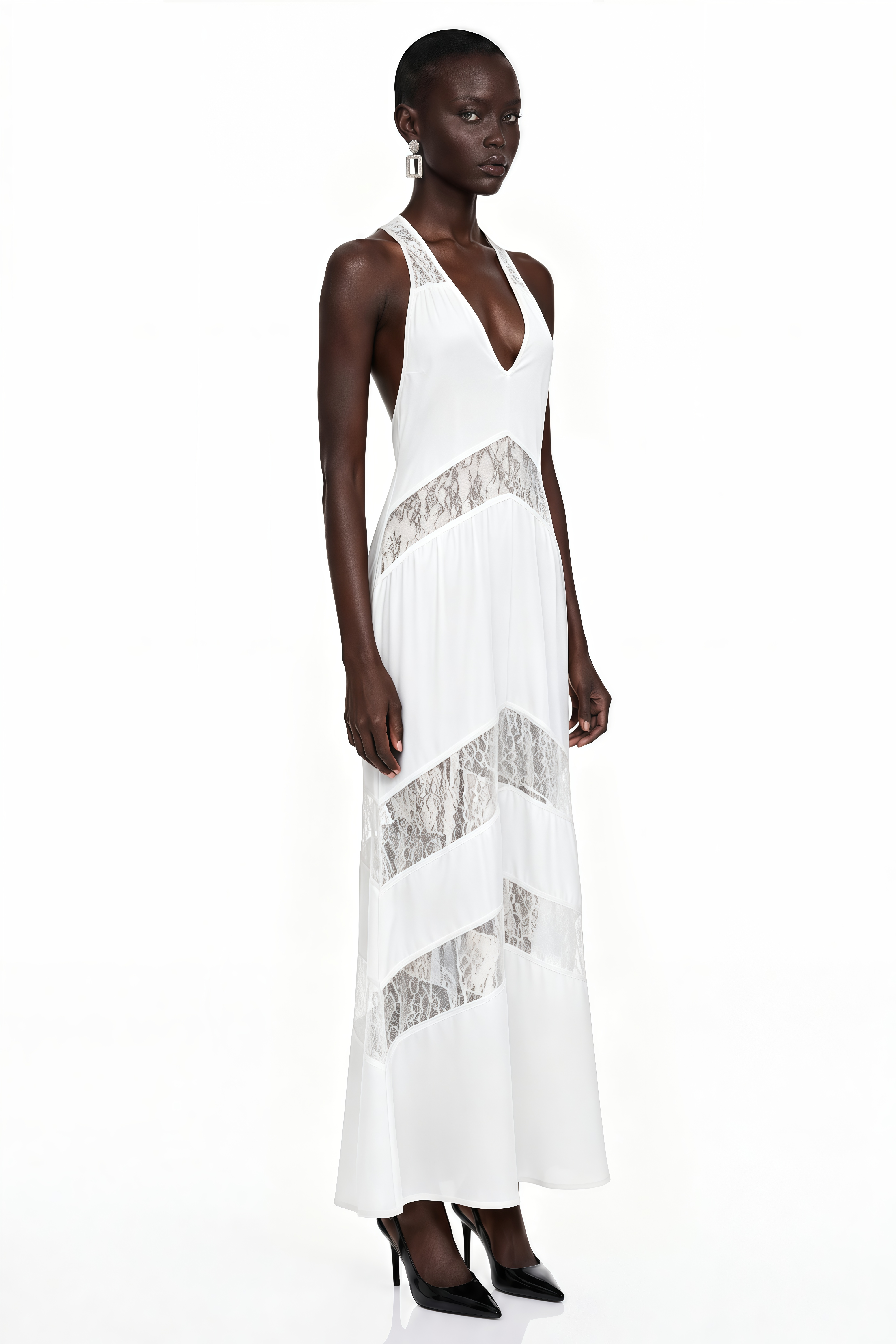 Otago White Halterneck Maxi Dress with Lace Panels