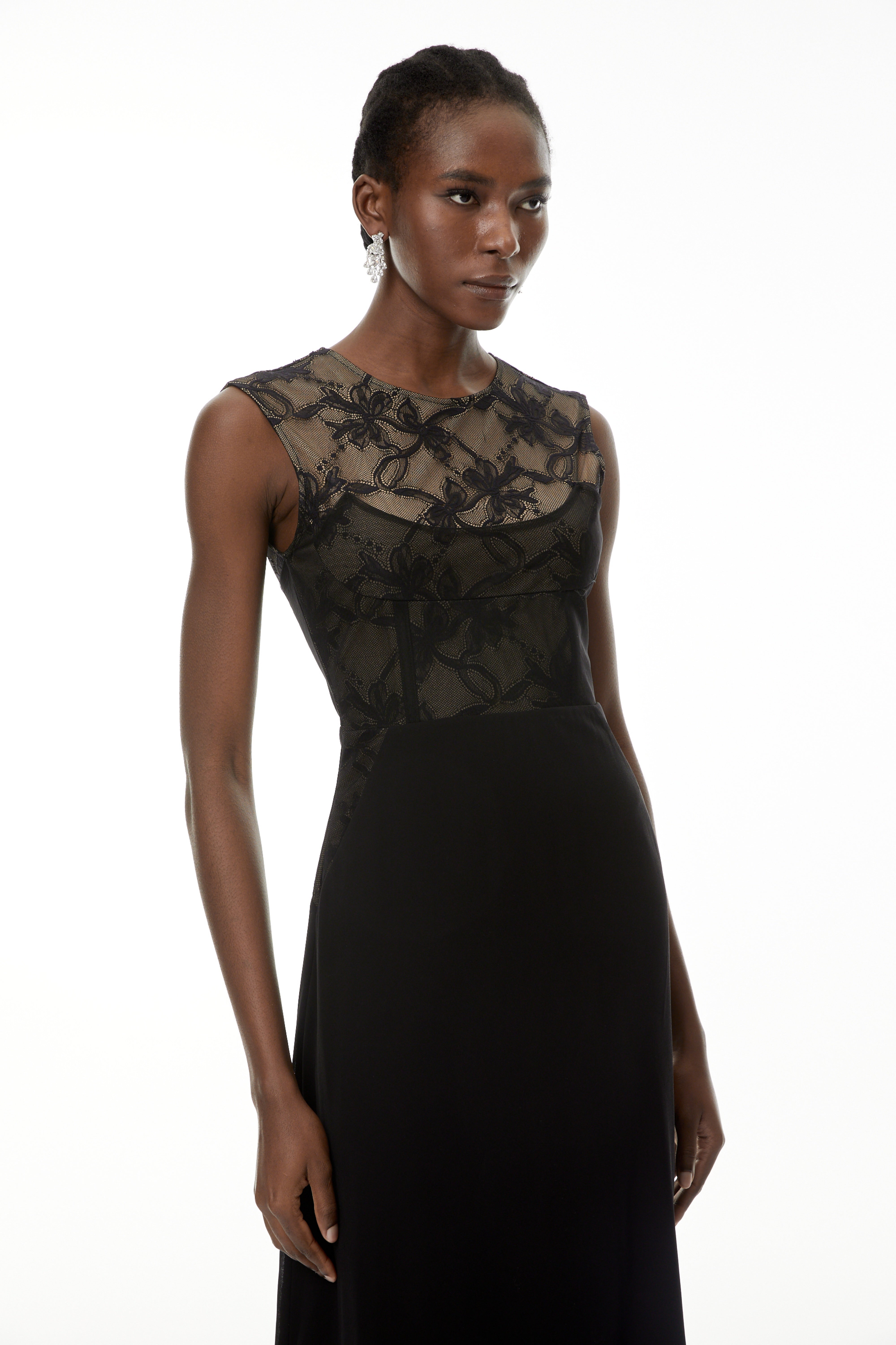 Ottilie Black Lace Panel Asymmetrical Maxi Dress