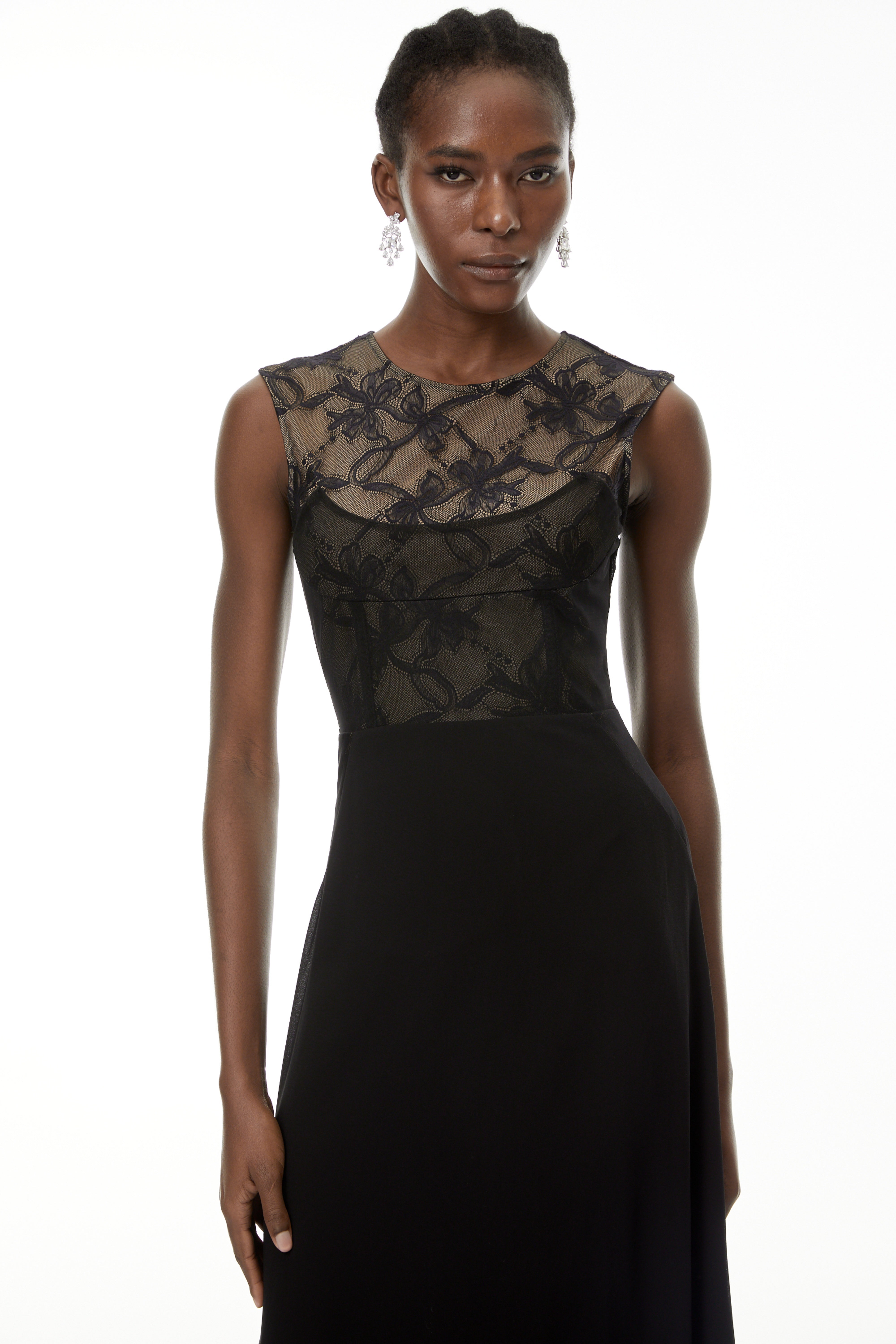 Ottilie Black Lace Panel Asymmetrical Maxi Dress