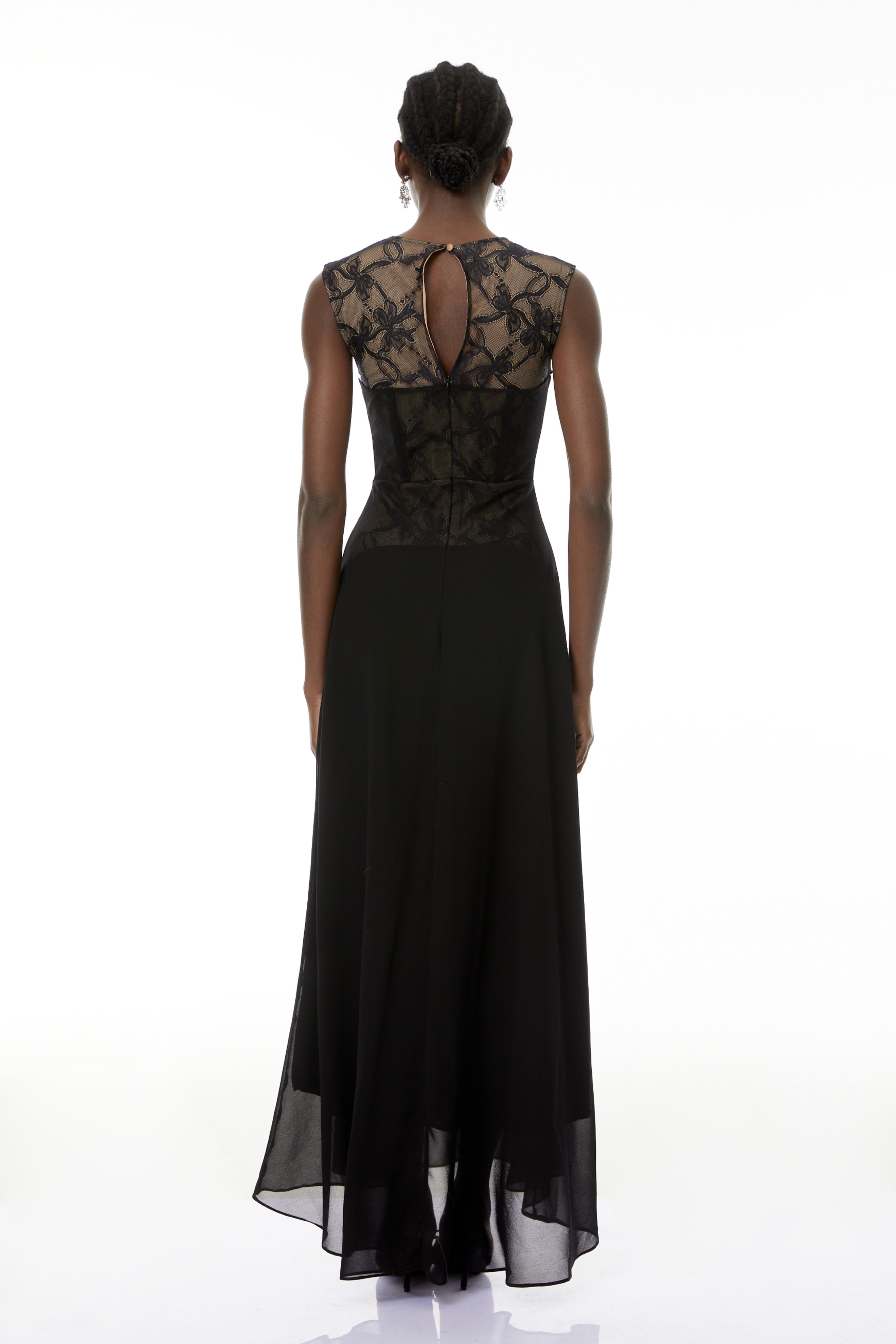 Ottilie Black Lace Panel Asymmetrical Maxi Dress