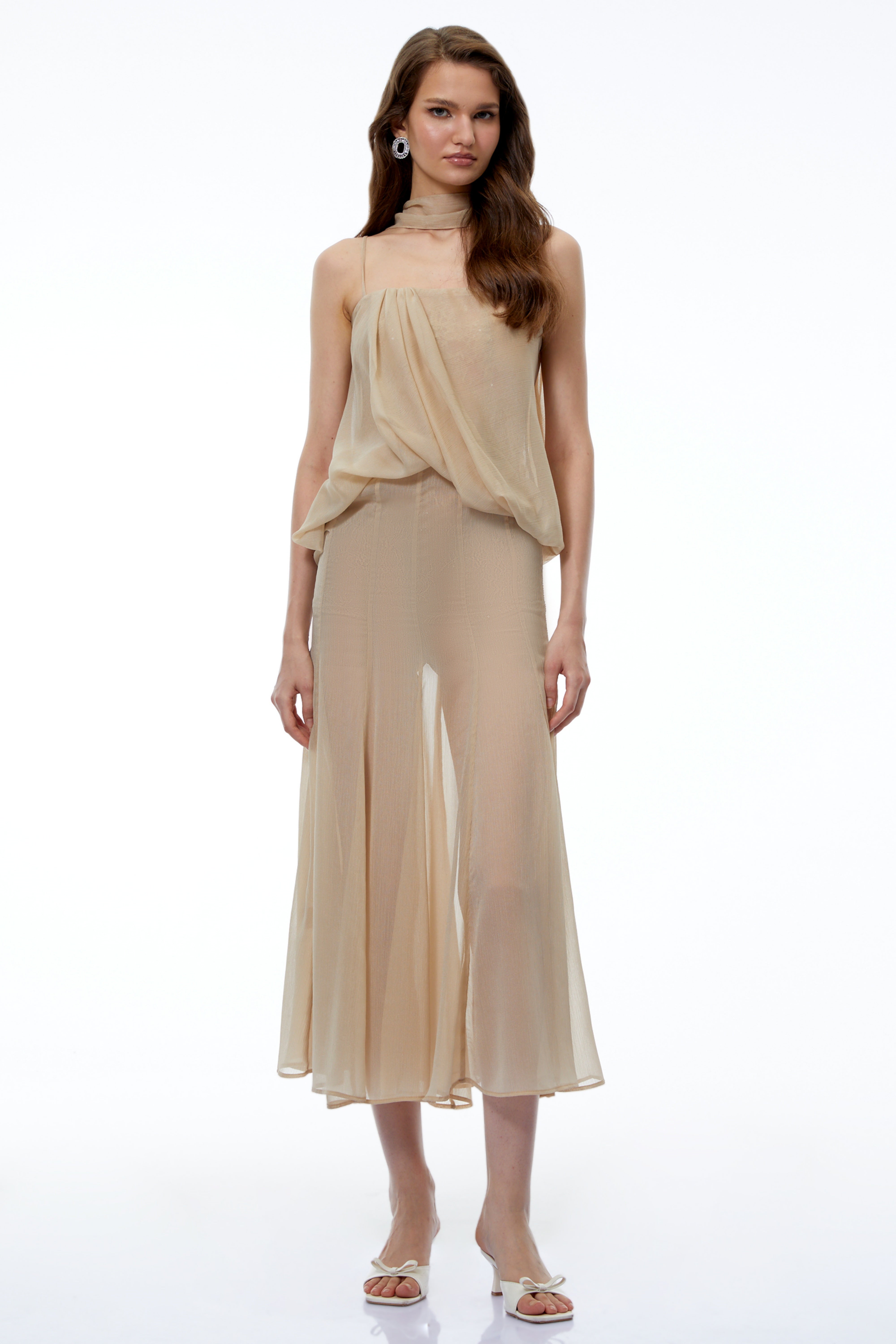Robe longue drapée en maille Ottoline Champagne