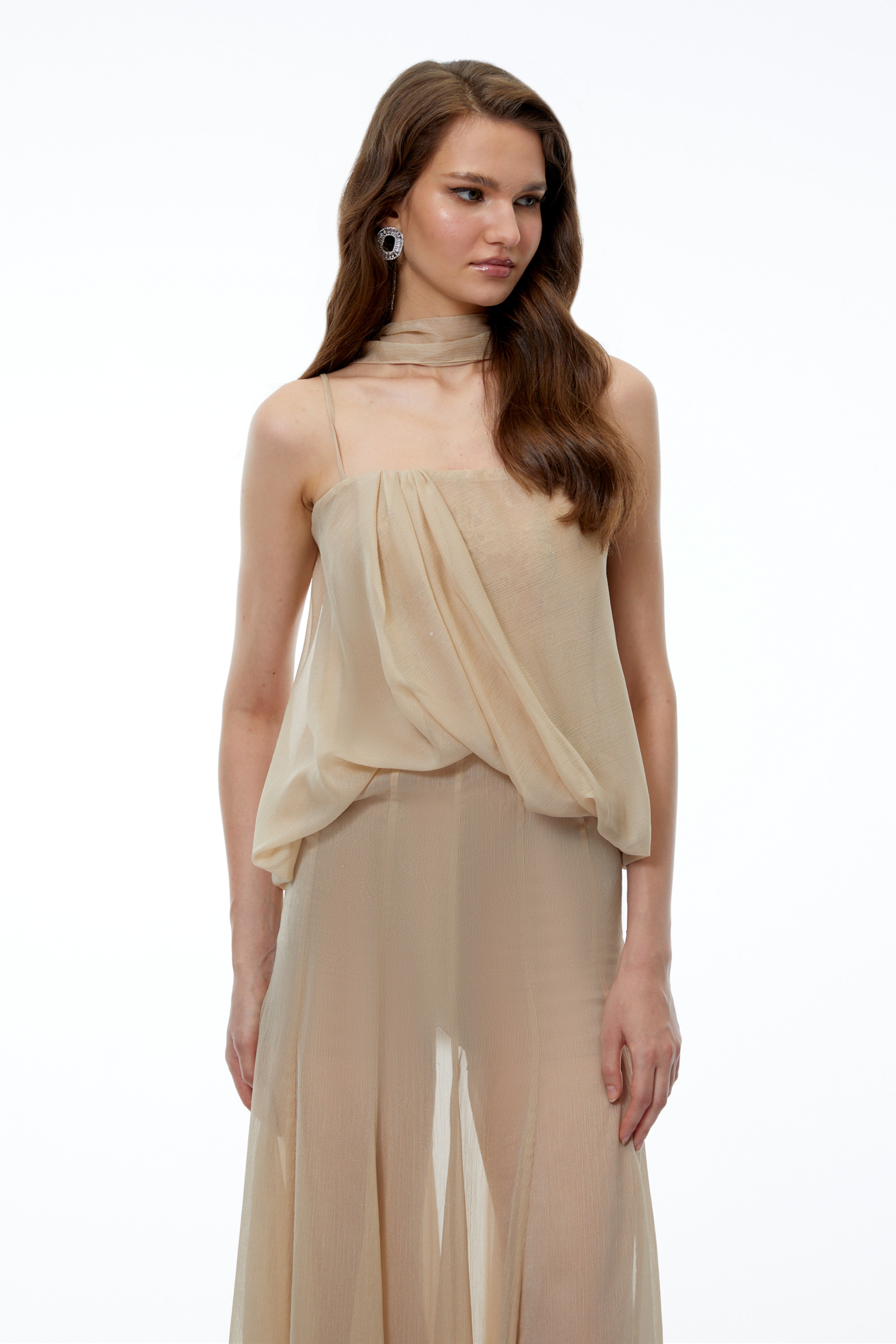 Robe longue drapée en maille Ottoline Champagne