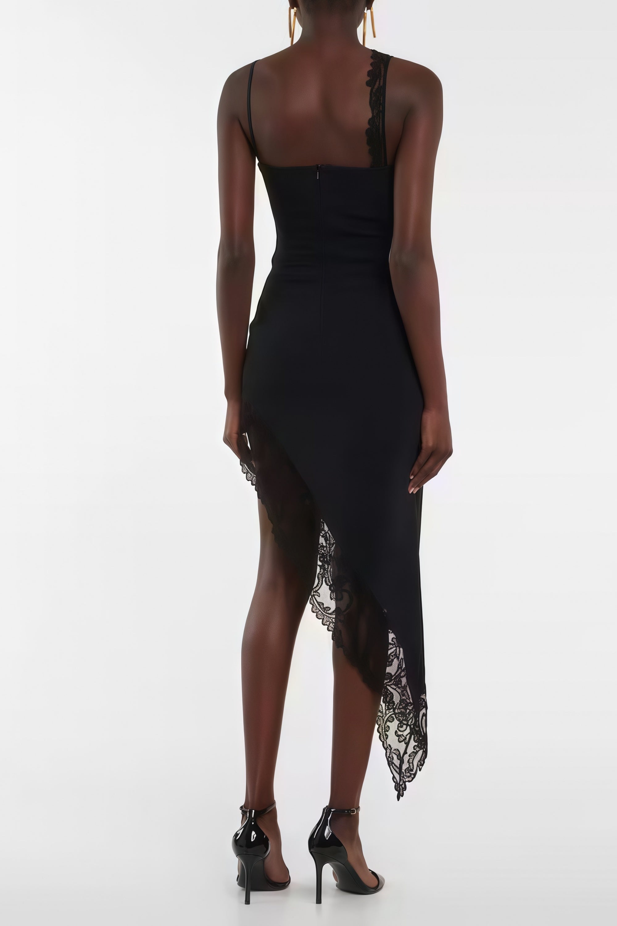 Capucine Black Lace Panel Asymmetrical Midi Dress