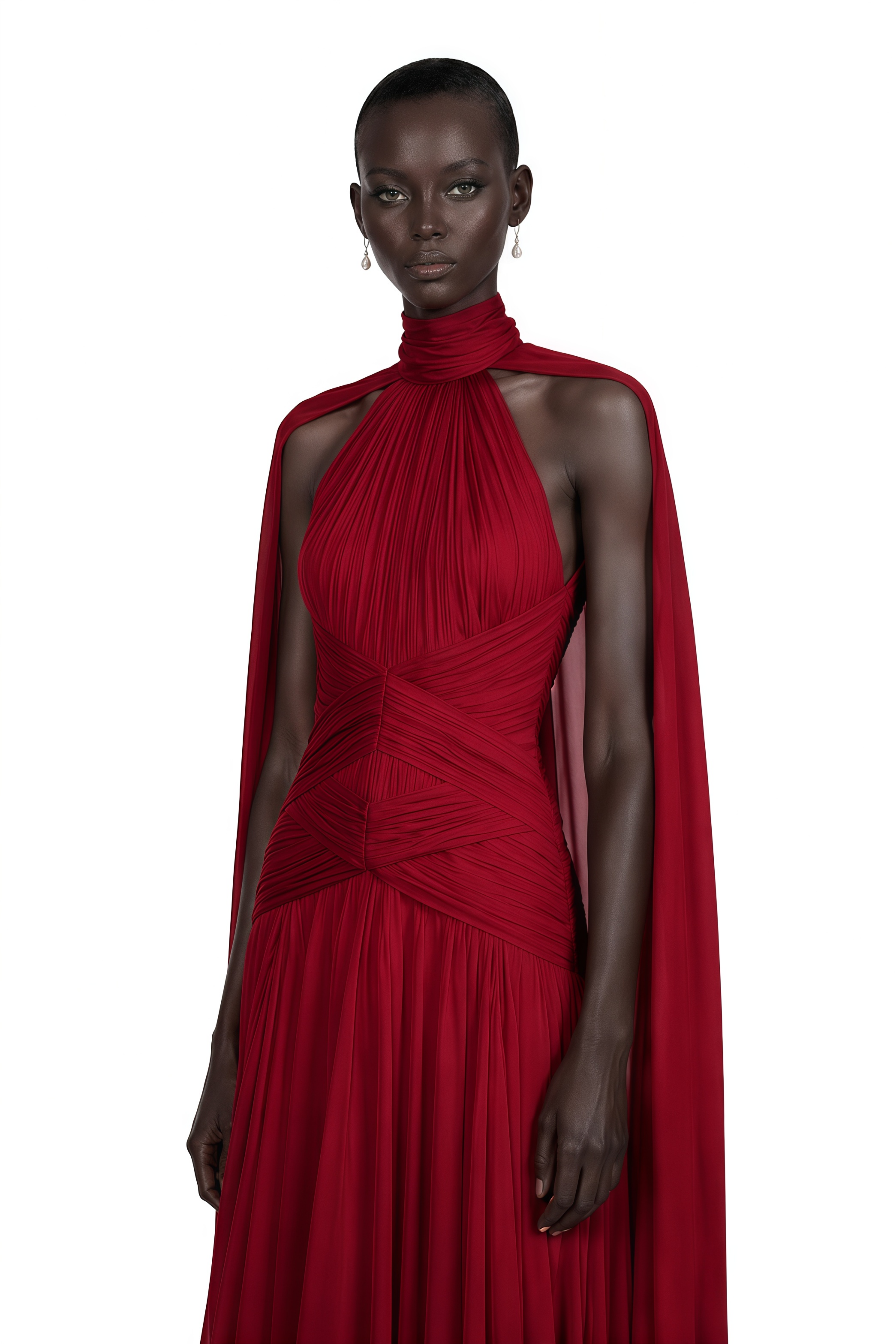 Paea Burgundy Turtleneck Pleated Maxi Dress with Cape