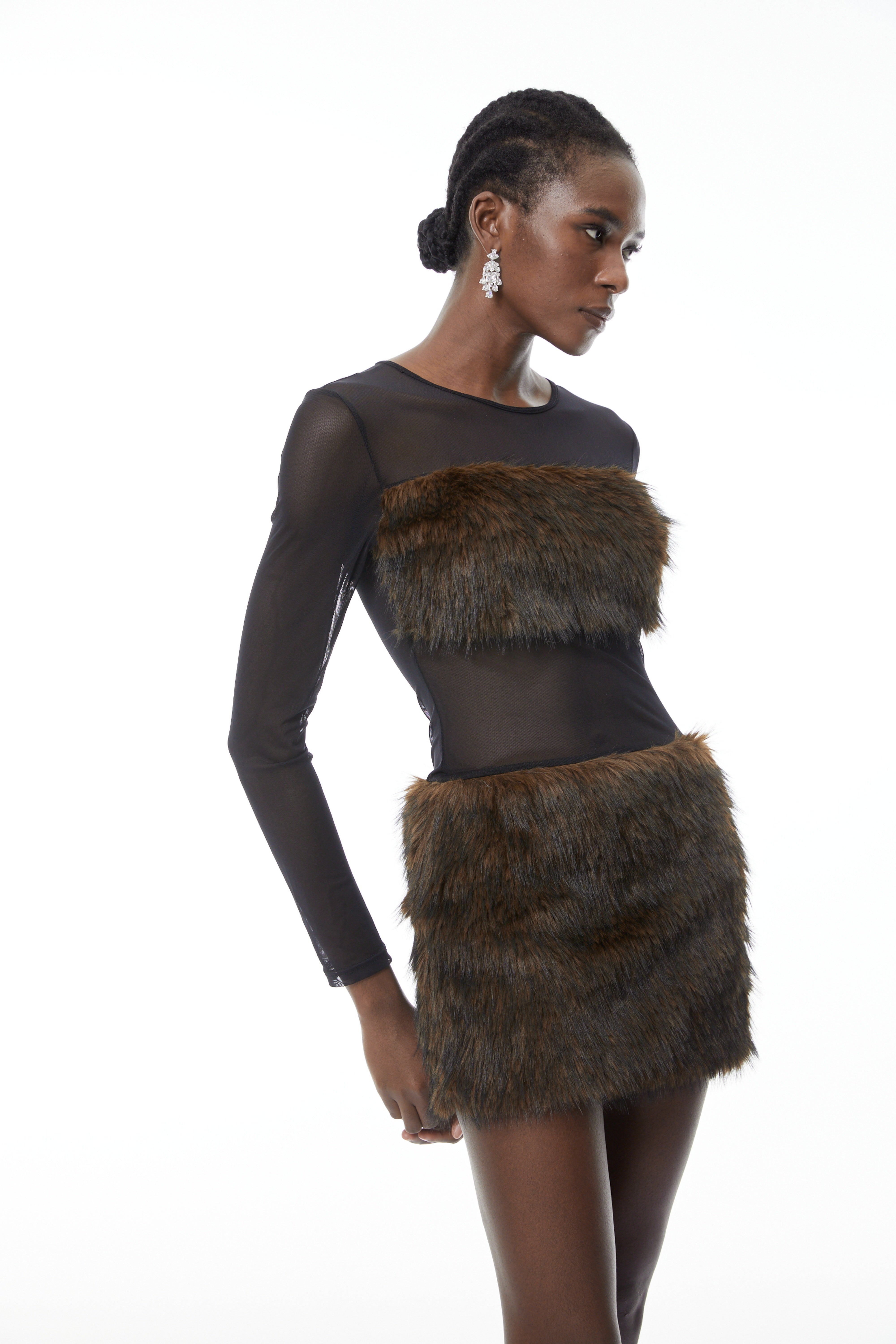 Paloma Brown Faux-Fur Panel Mini Dress