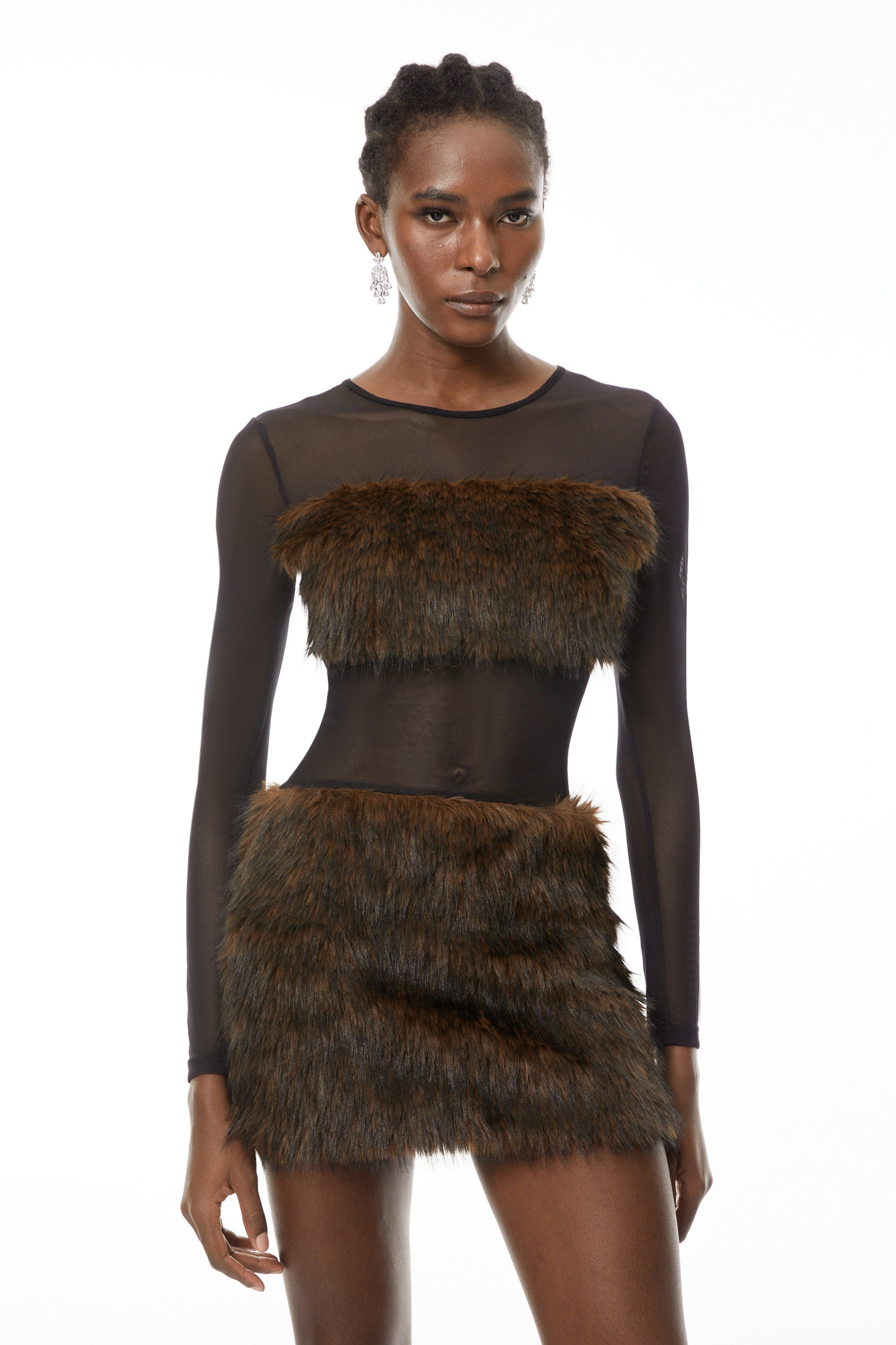 Paloma Brown Faux-Fur Panel Mini Dress